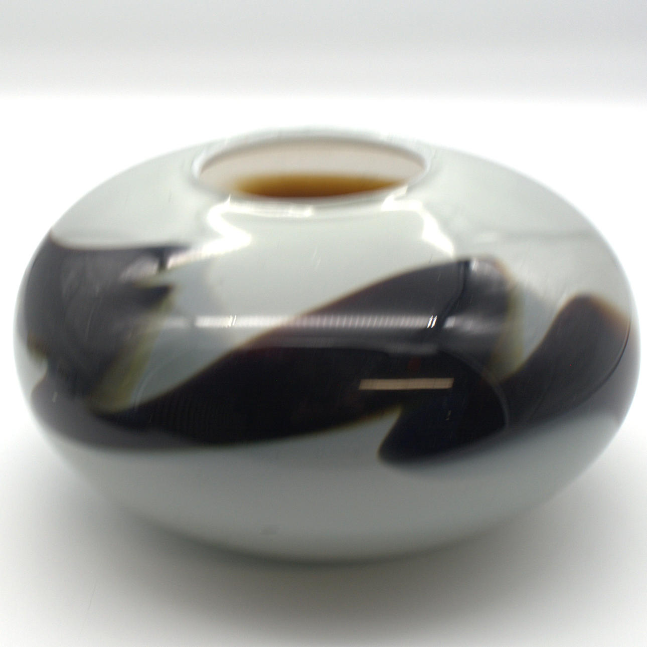 SCANDINAVIAN DESIGNER GLASS VASE; HAND-BLOWN SIGNED; DATED 1989.