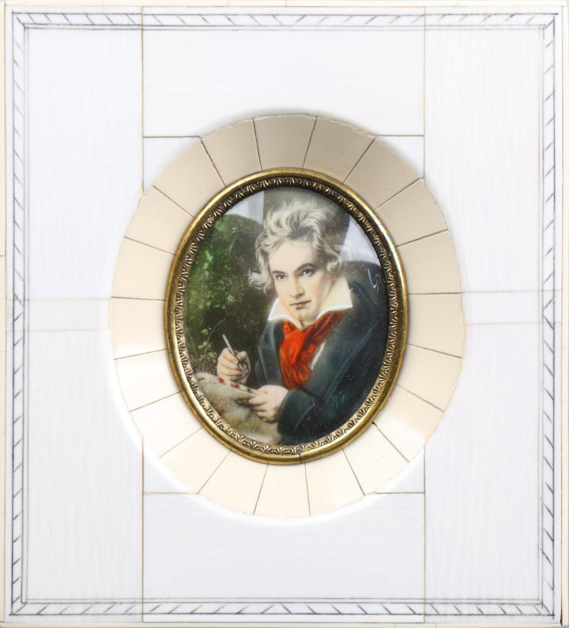 OIDENTIFIERAD KONSTNÄR. MINIATURE PORTRAIT FRAME WITH LEG FRAME, Ludwig van Beethoven, signed.