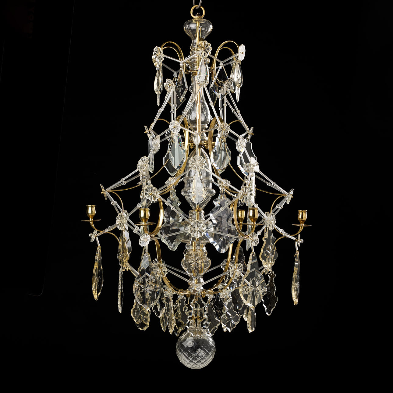 A 19th century Rococo chandelier for six candles, frame in gilt brass ...