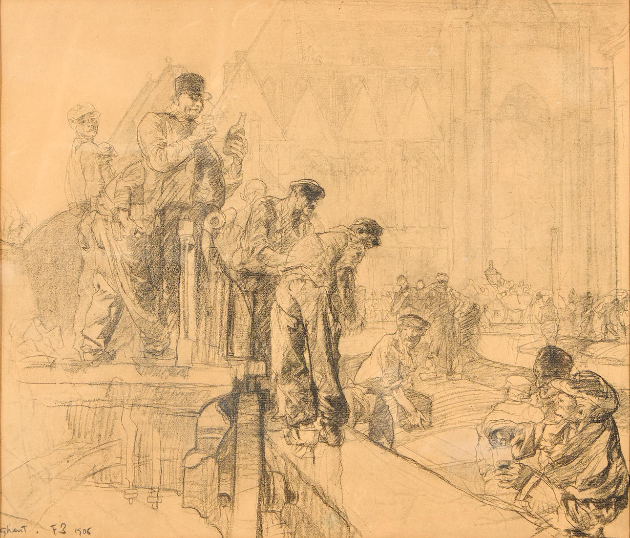 FRANK BRANGWYN. Workers outside the cathedral.