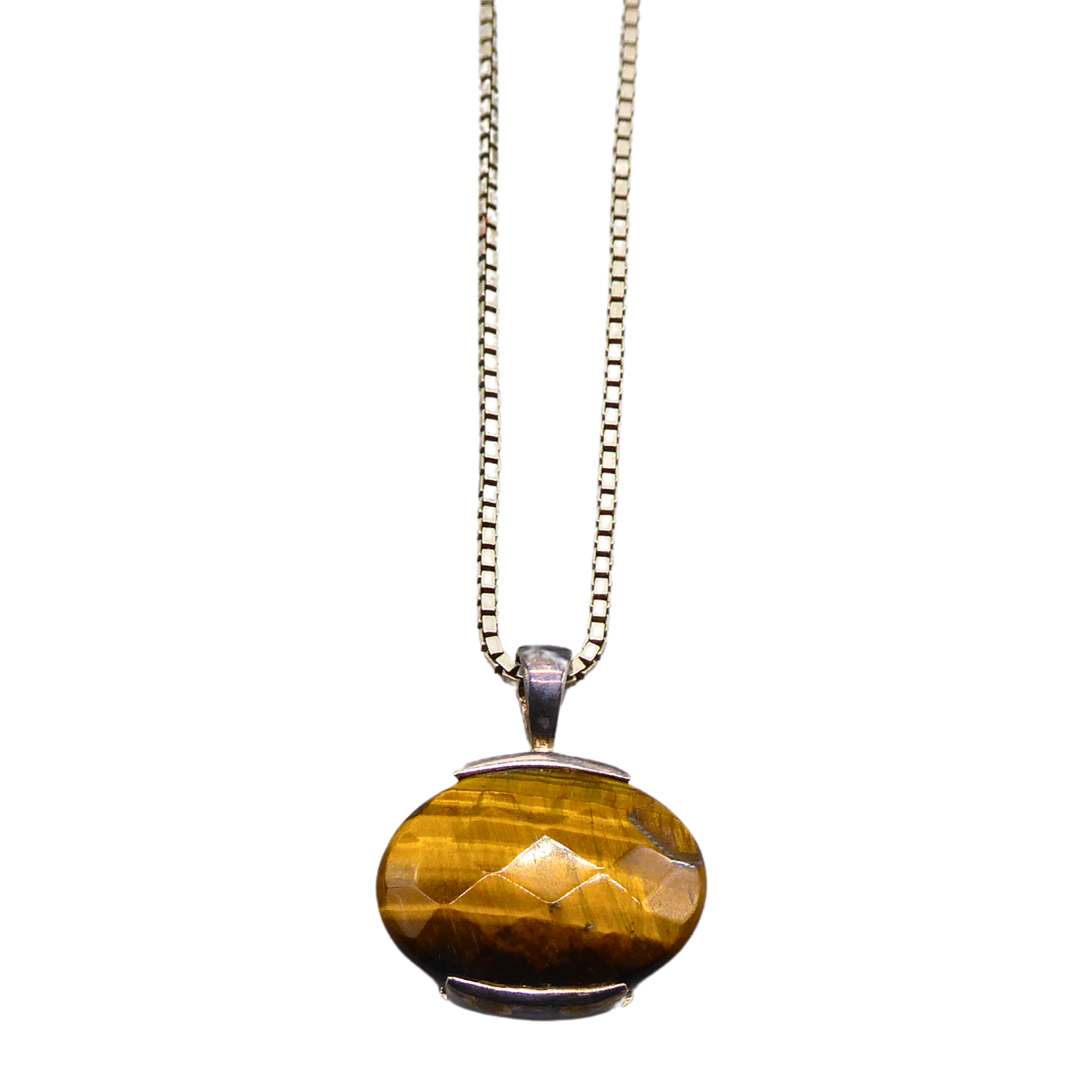 TIGER EYE SET IN 925 SILVER WITH 925 SILVER CHAIN.