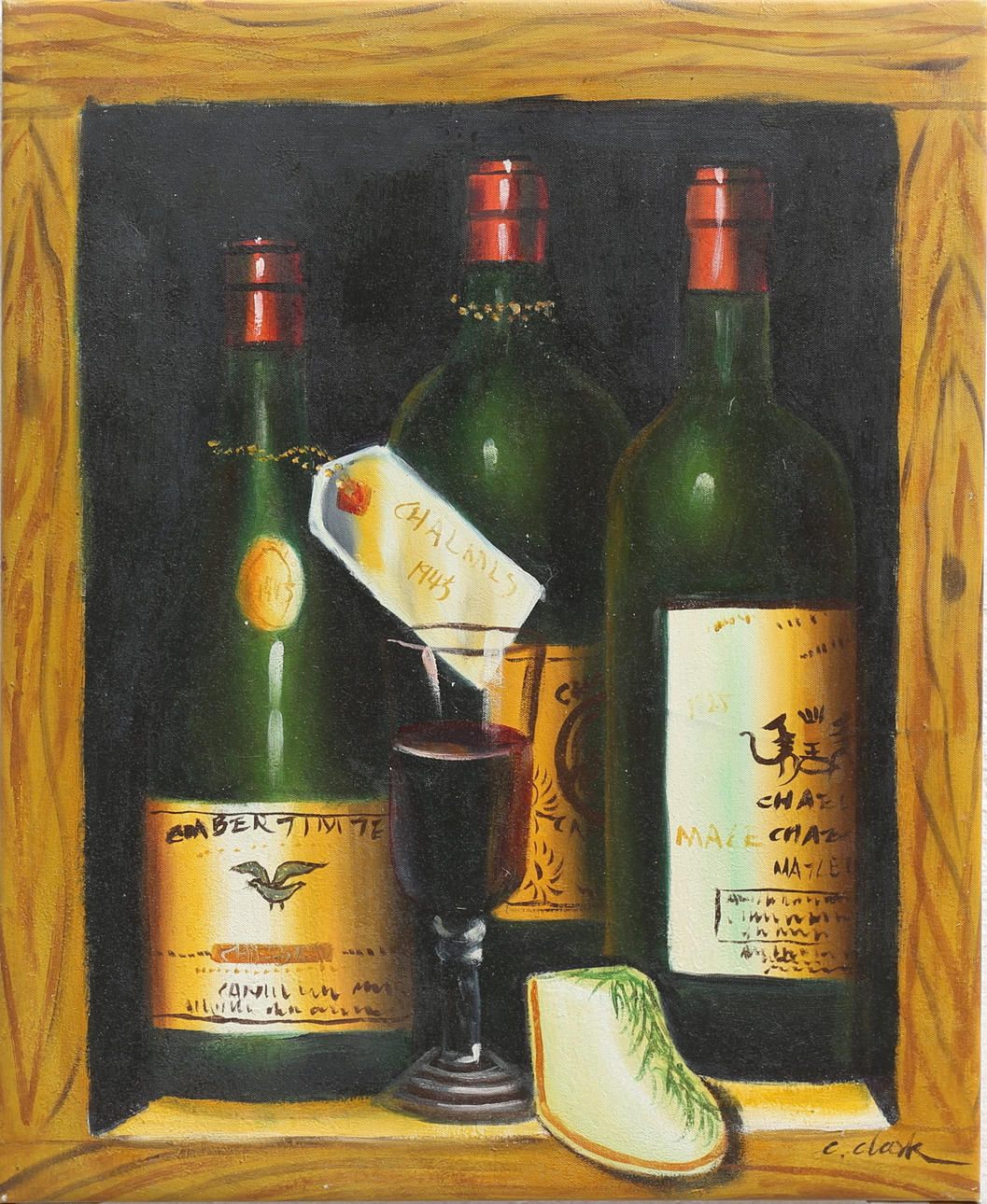 OIDENTIFIERAD KONSTNÄR. Vinflaskor. Olja på duk, signerad C. Clark.