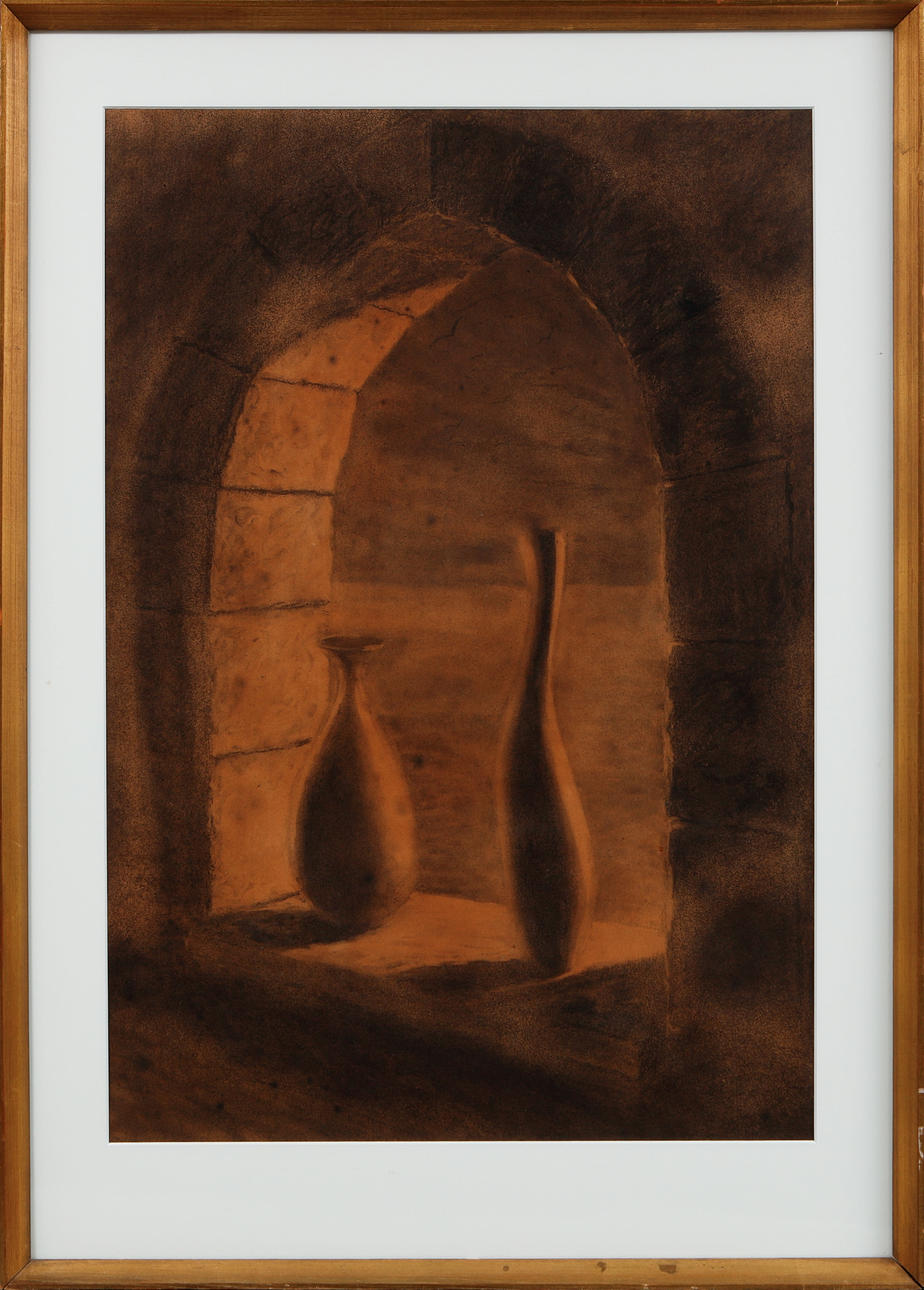 OKÄND KONSTNÄR. Stilleben med vaser, teckning.