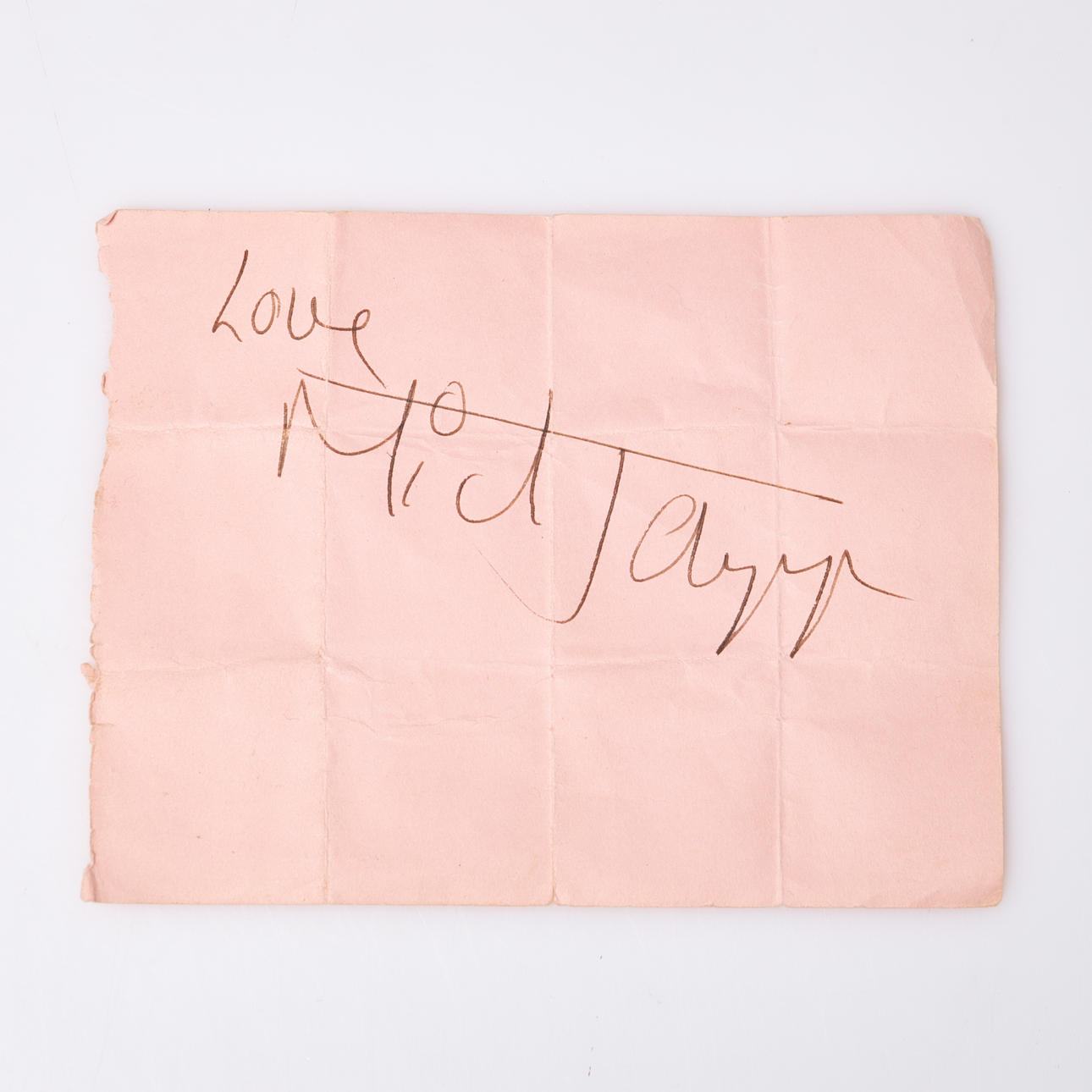 MICK JAGGER, signed pink paper, London 1973.