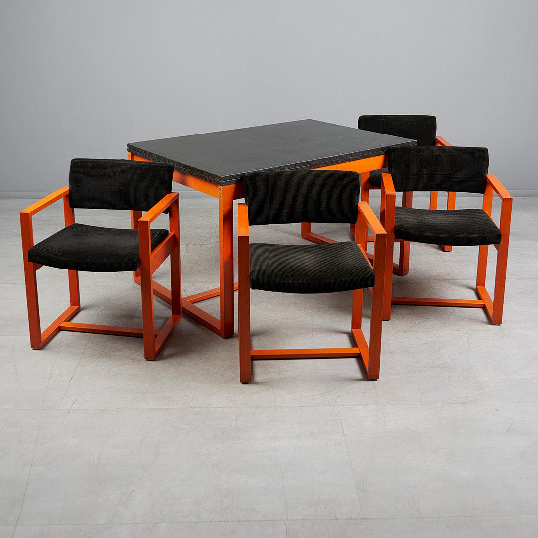 RAINER SCHELL. for Schlapp Möbel, dining set/extendable dining table with four dining room chairs, beech, corduroy, 1970s, Germany (5).