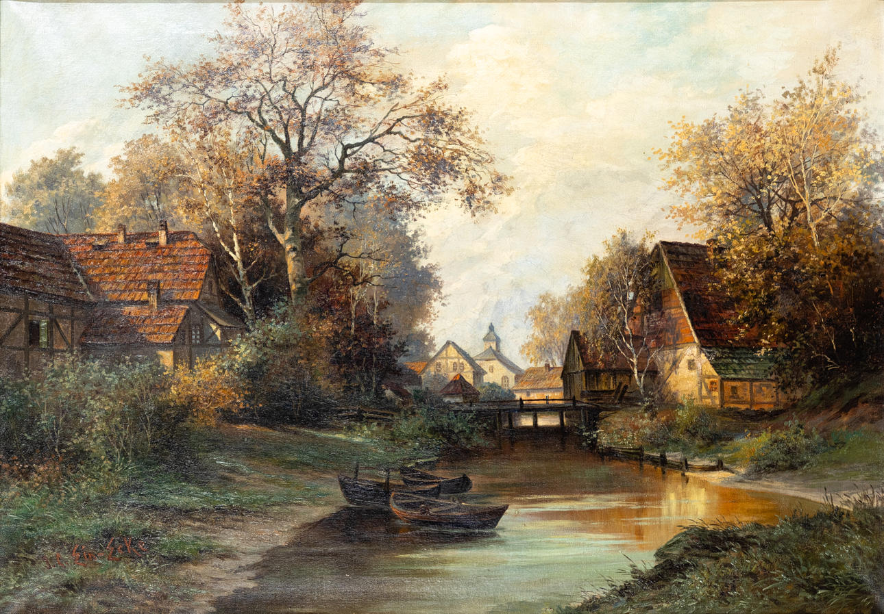 G. C. EIN-ECKE. Village landscape with river.
