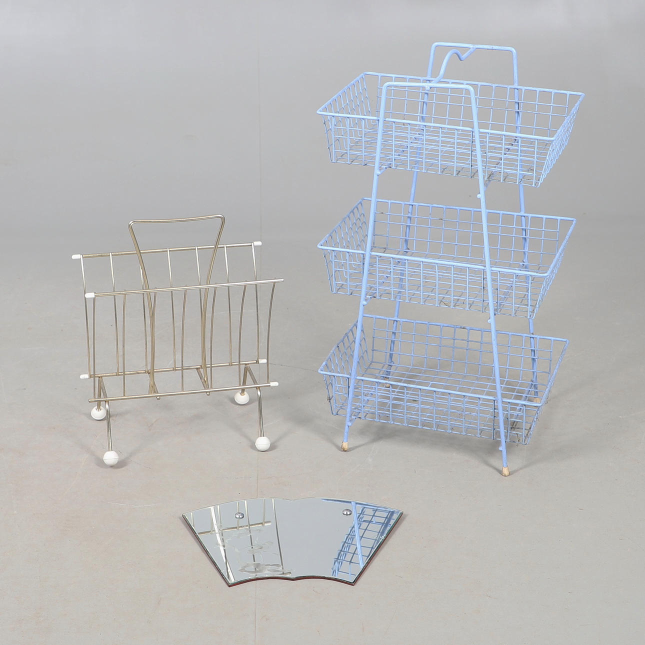 A VINTAGE WIRE VEGETABLE RACK, MAGAZINE RACK ETC.