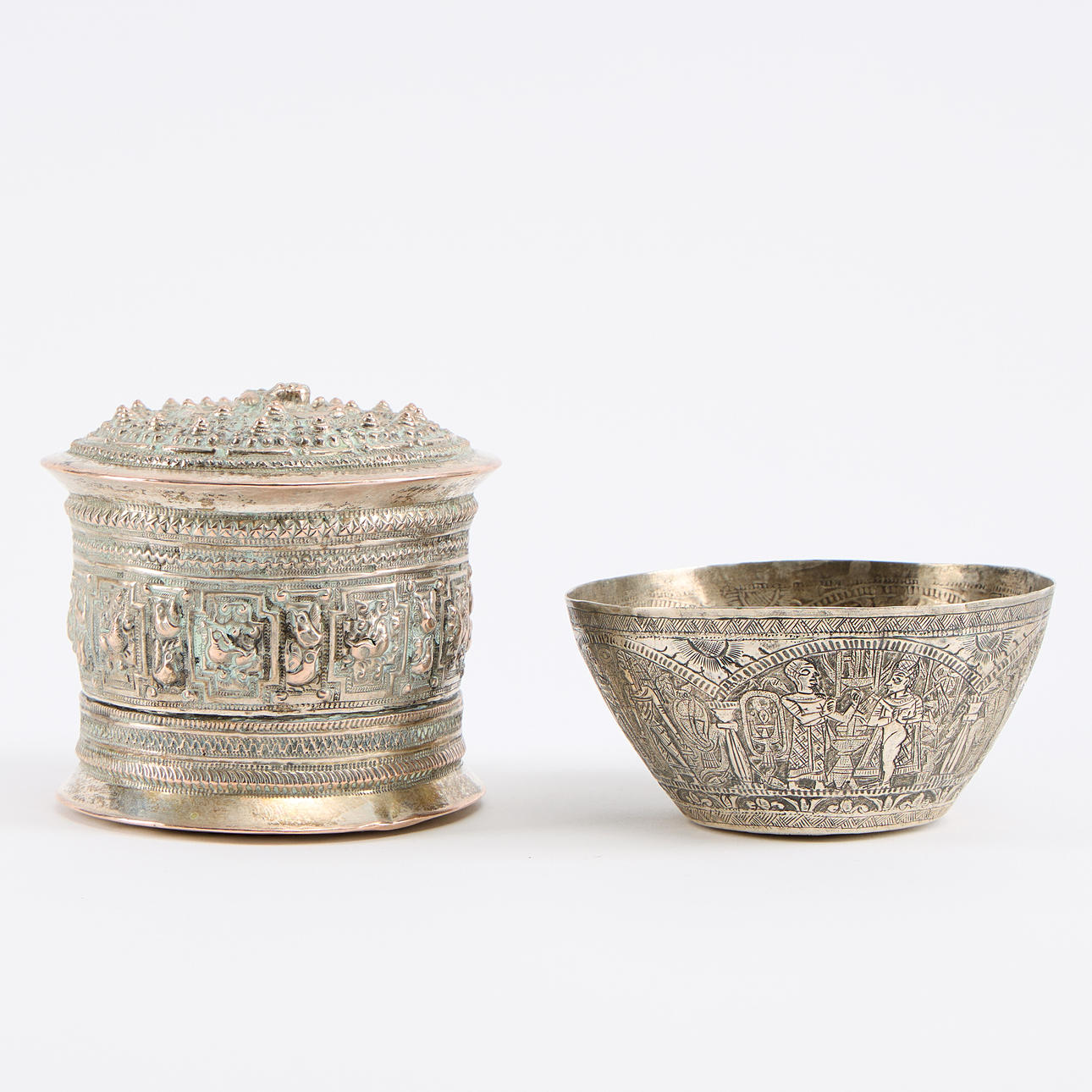 BOWL AND JAR WITH LID, Middle Eastern. Silver-plated copper.