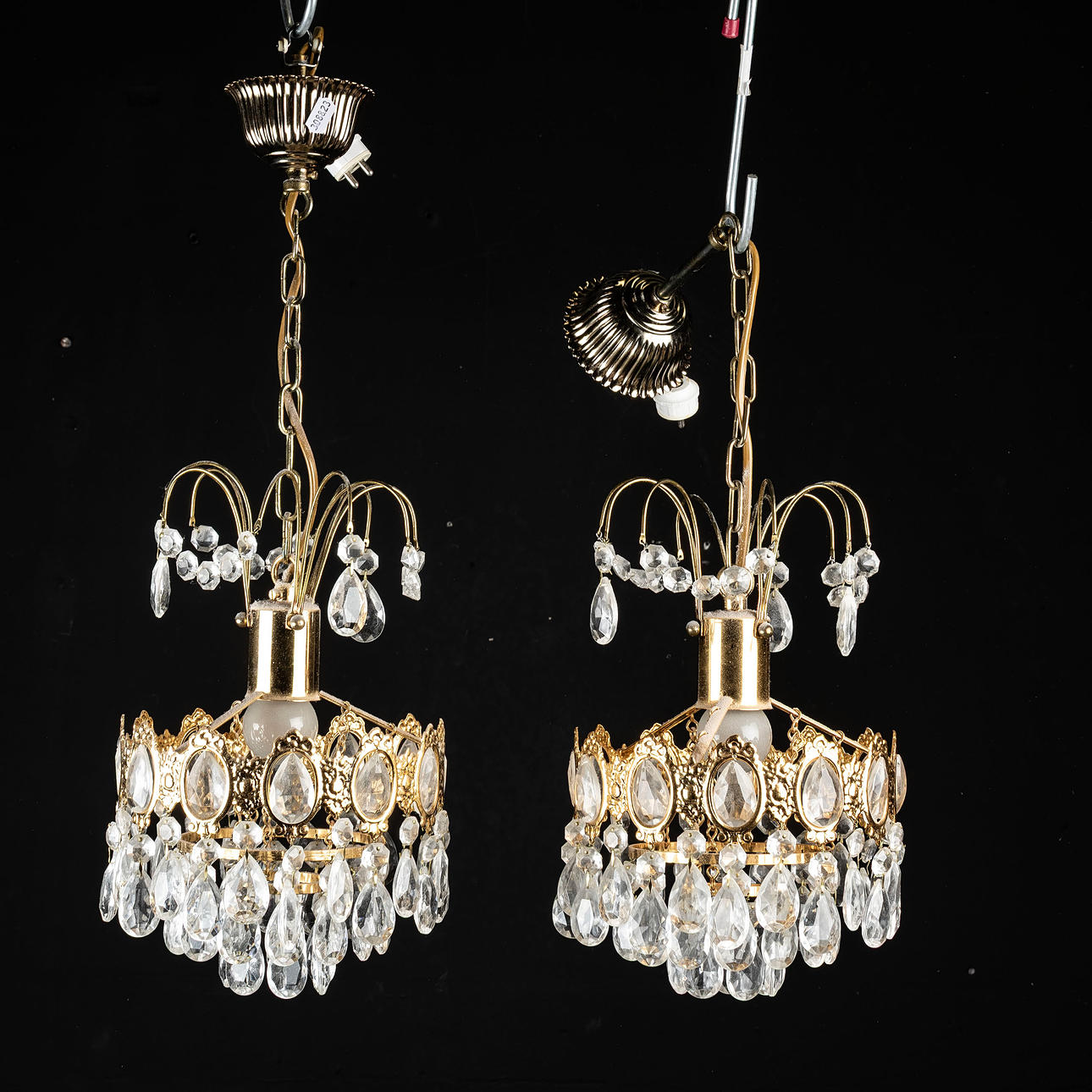 WINDOW LAMPS, a pair, hung with prisms.