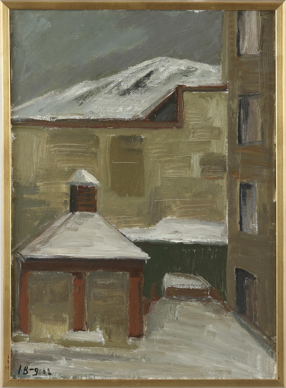 IWAN BROBERG. "Gårdsinteriör i snö". Olja på duk. signerad och daterad -62.