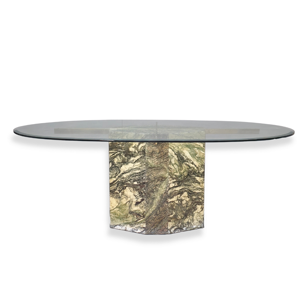 ARTEDI OVAL DINING TABLE WITH MARBLE BASE AND GLASS TOP.
