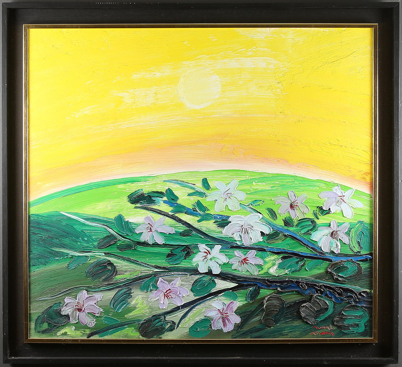 BENGT ÅBERG. Japanska körsbärsblommor i solsken, olja på duk.