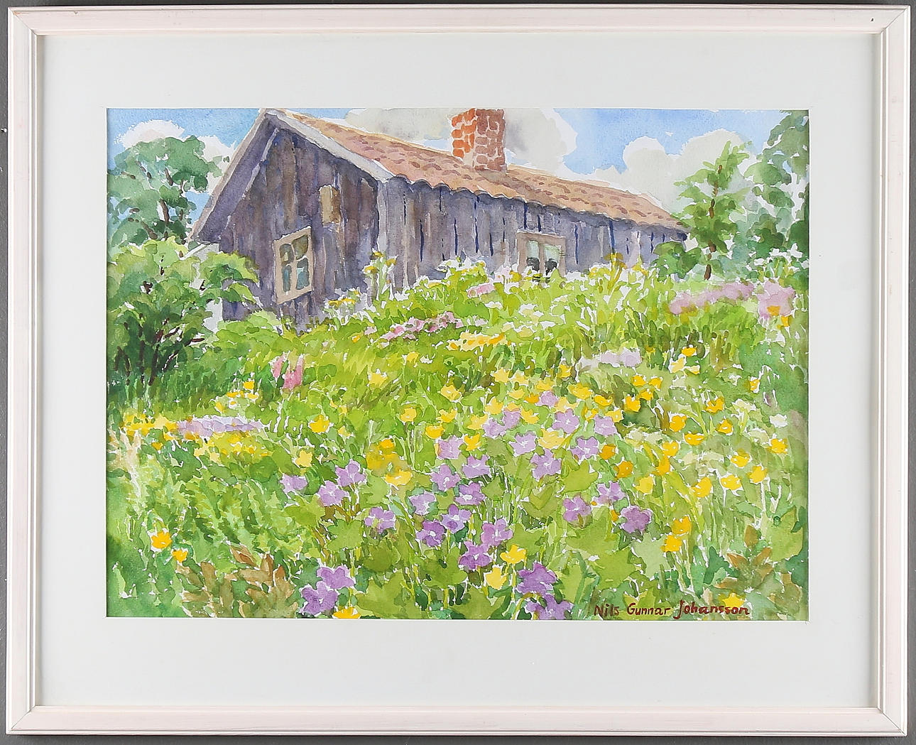 NILS GUNNAR JOHANSSON. Sommarblomster vid torpet, akvarell, signerad.