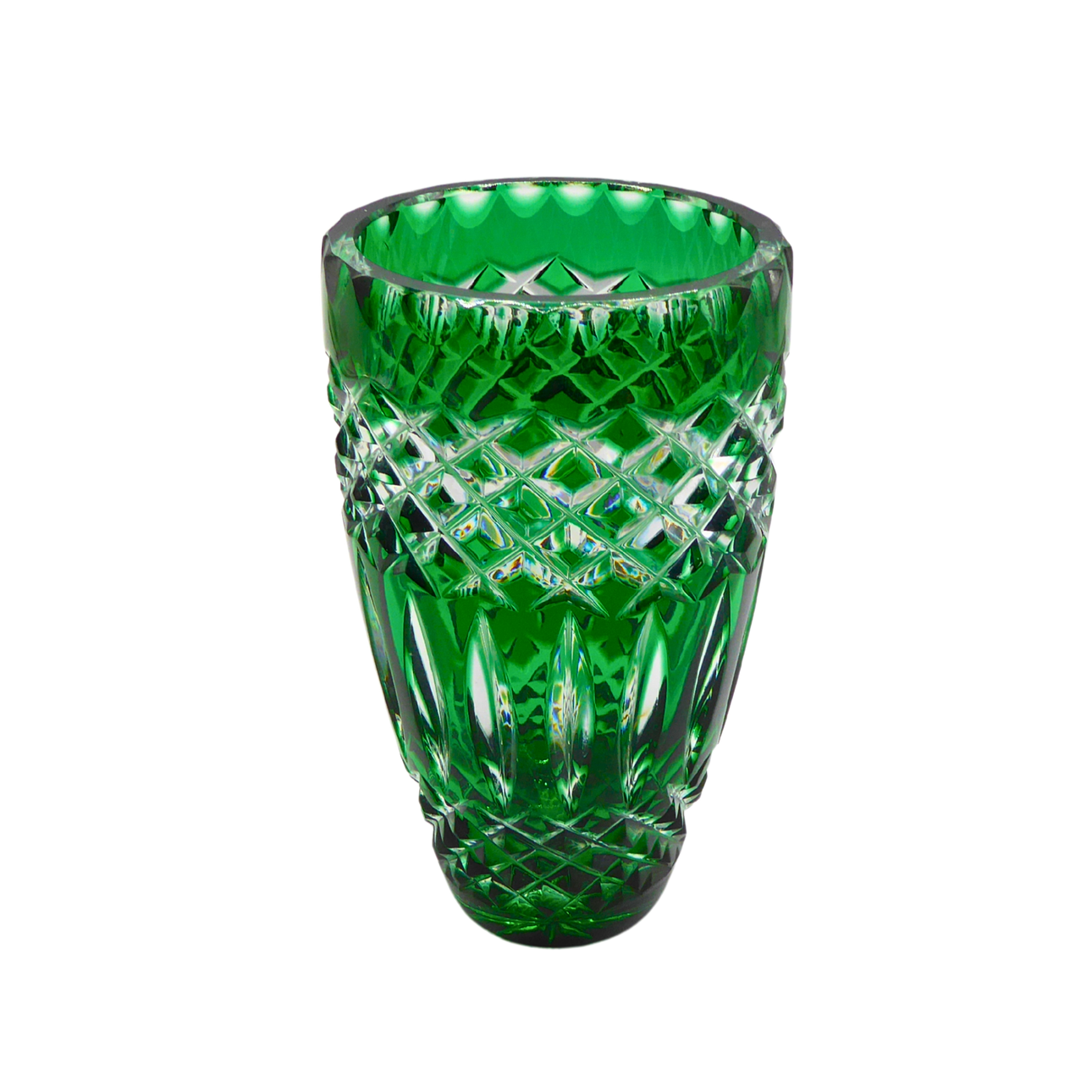GREEN HAND CUT LEAD CRYSTAL VASE.