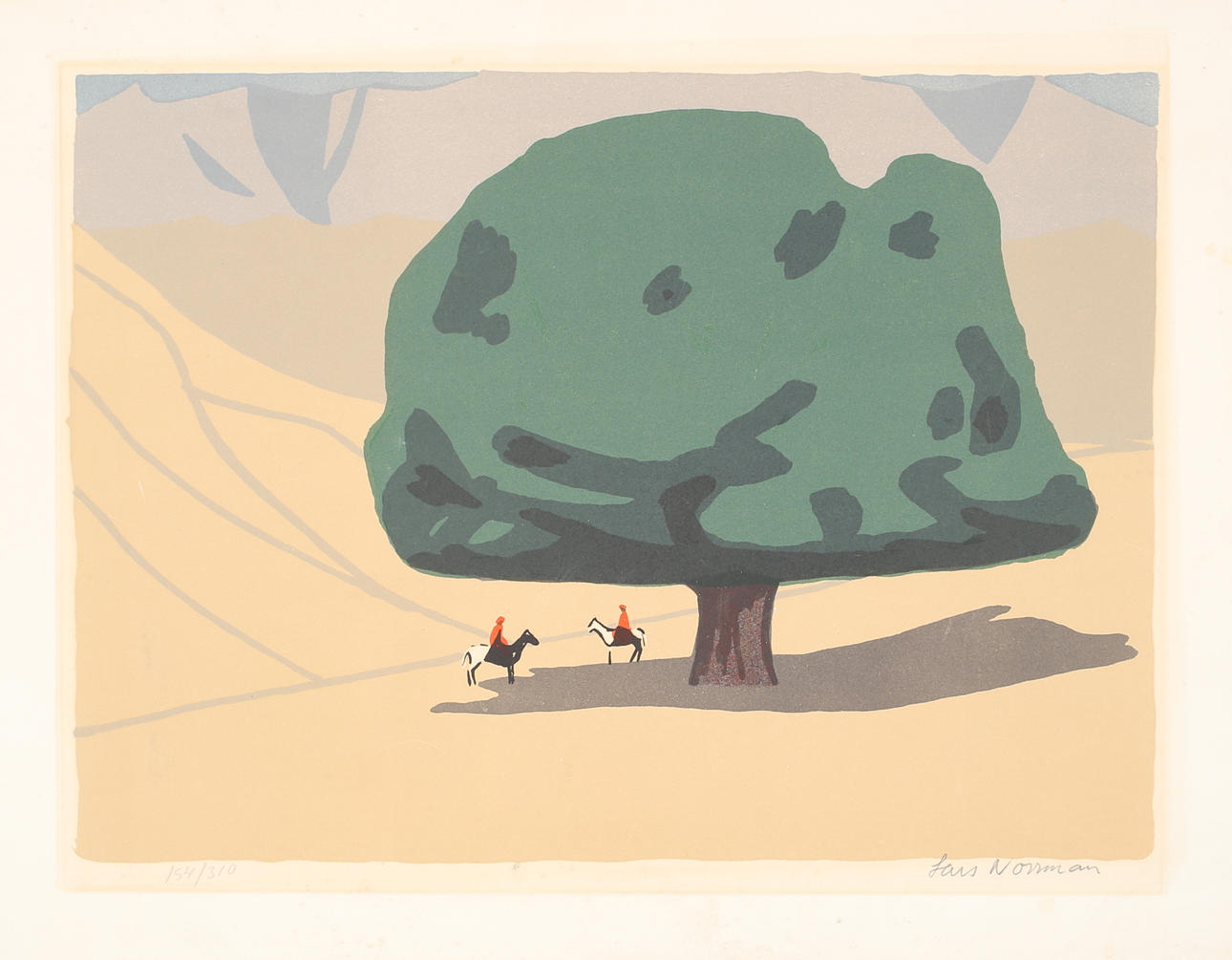 LARS NORRMAN. Ryttare under ett träd, färglitografi nr 154/310, Signerad.