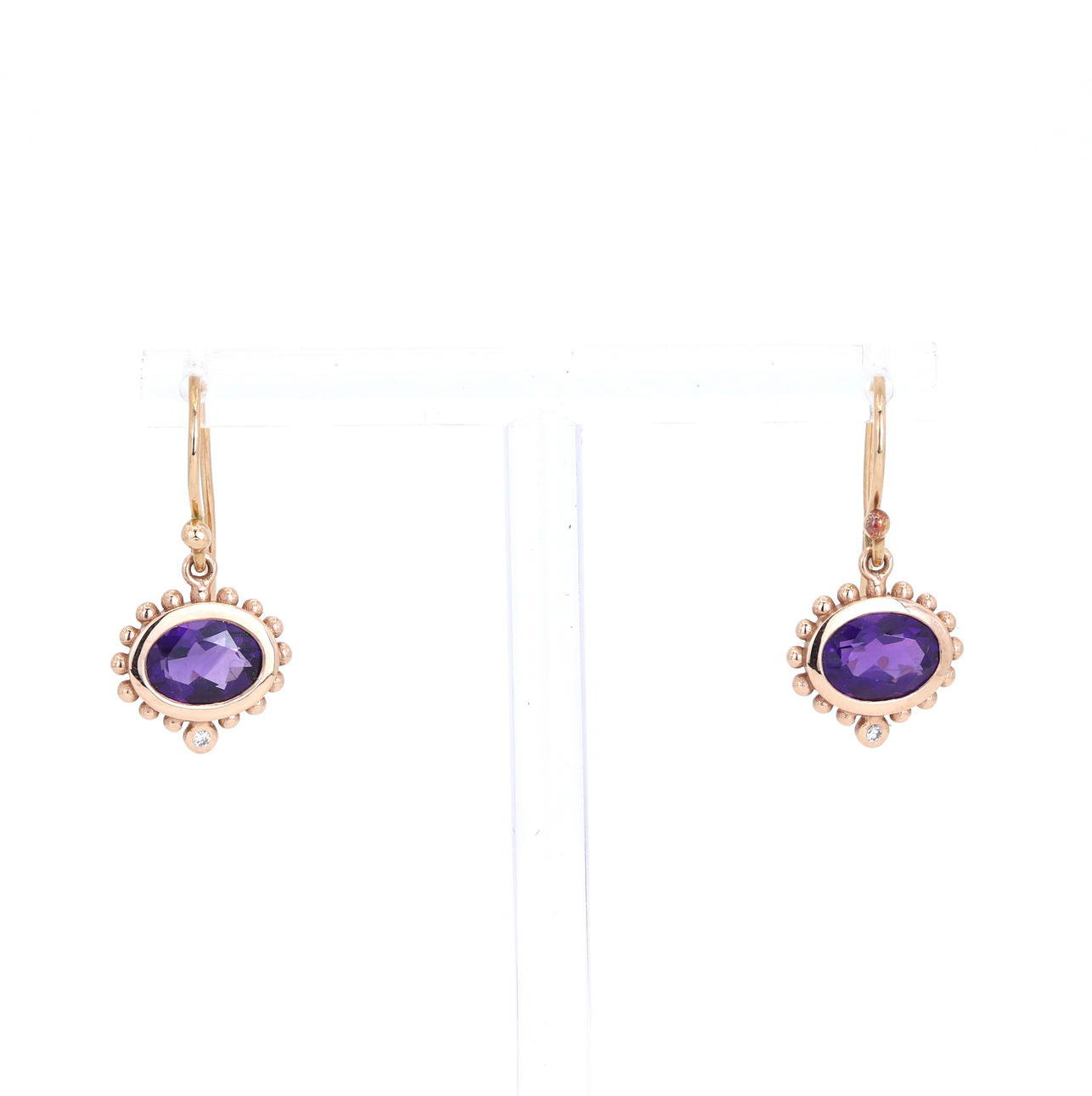 14CT ROSE GOLD DIAMOND & AMETHYST SET EARRINGS.