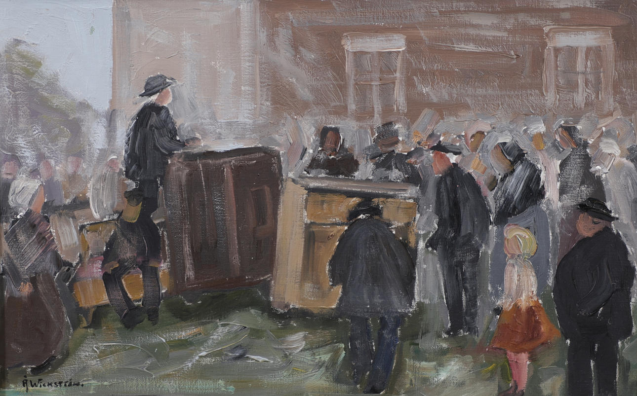 ÅKE WICKSTRÖM. “Auction”, oil on canvas, signed.