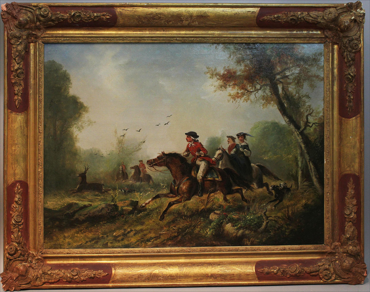 OIDENTIFIERAD KONSTNÄR. Jaktscen. Engelskt måleri 1800-tal. Olja på duk. Otydlig signatur.