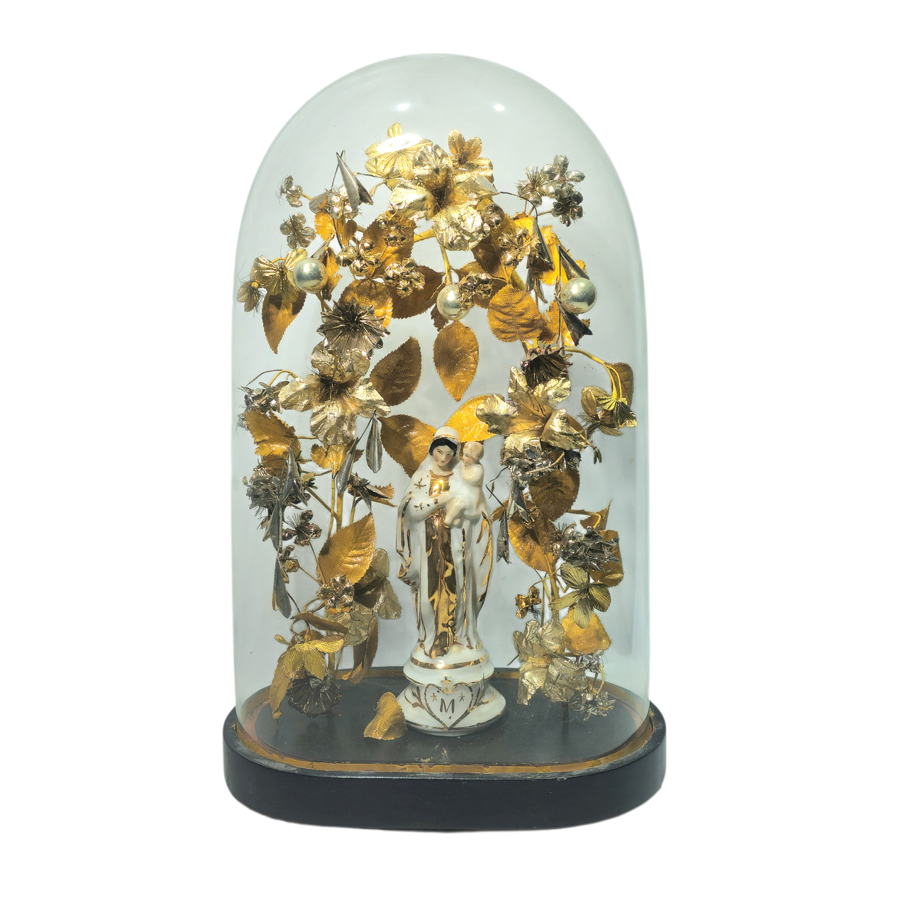Figure of Virgin and Child in fine gold-plated porcelain with display ...