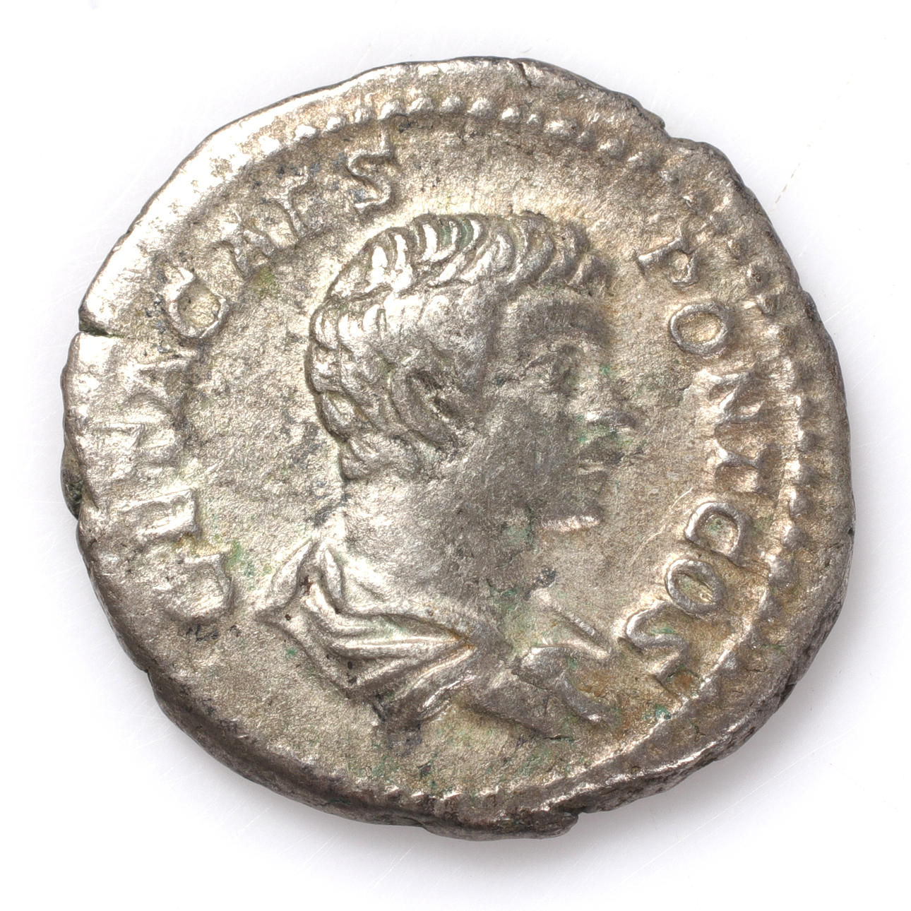 A silver coin, Roman, Geta, 209-211 AD.