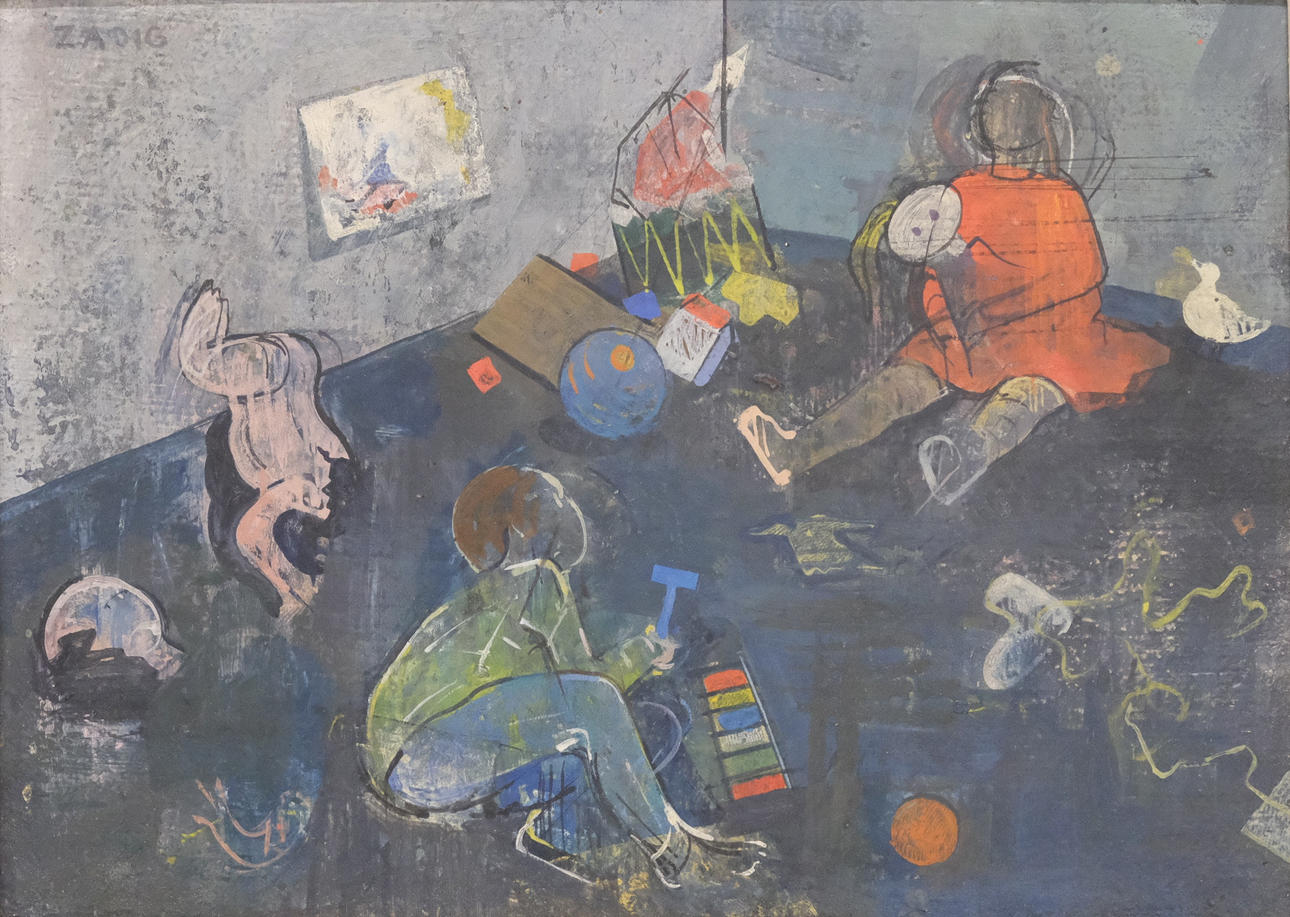 JACQUES ZADIG. GOUACHE, CHILDREN PLAYING.