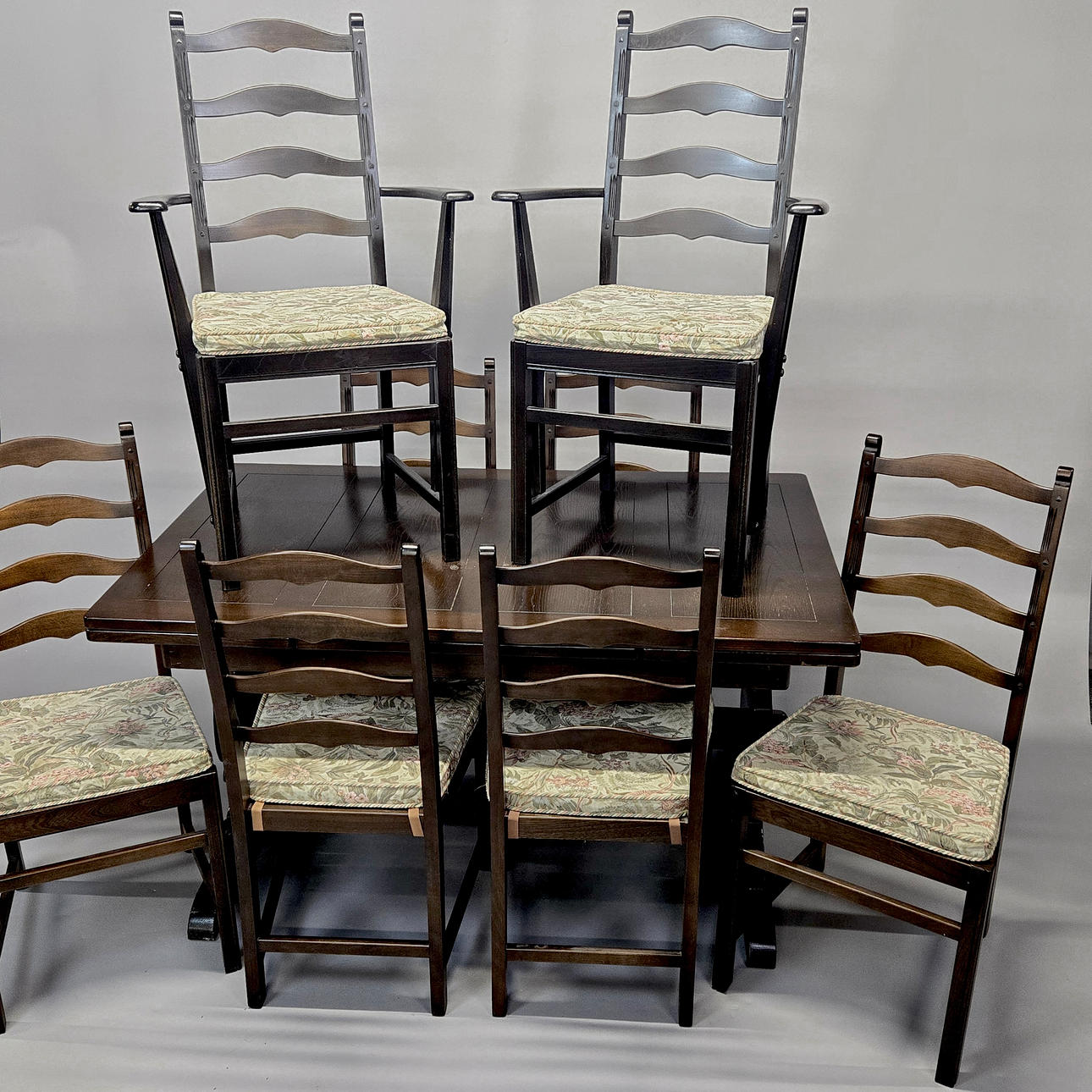 ERCOL DINING TABLE & 8 ERCOL CHAIRS.
