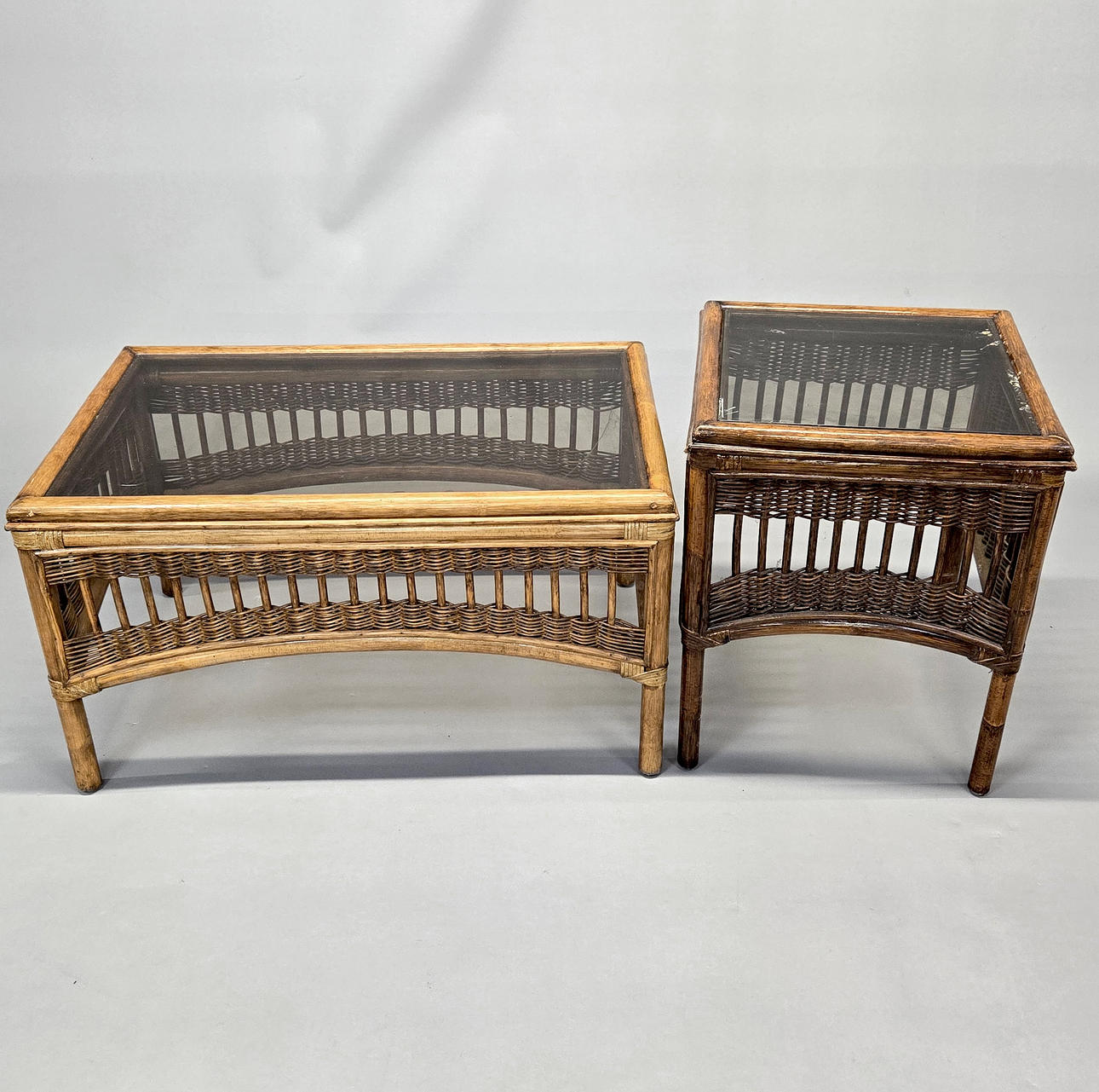 CANE/ GLASS COFFEE & SIDE TABLE.