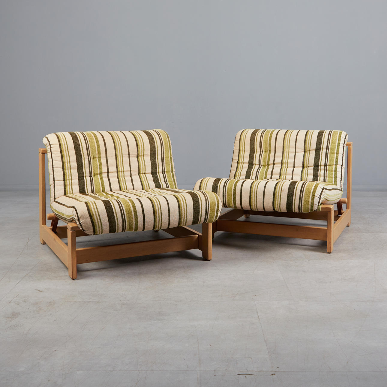 Two lounge chairs / sofa modules, beech, linen, 1970s, Sweden. (2).