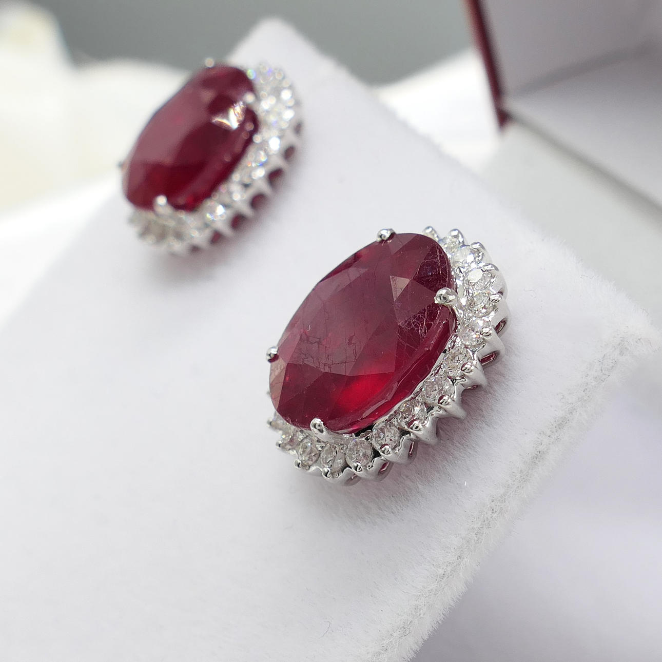 RUBY & DIAMOND oval cluster ear studs.