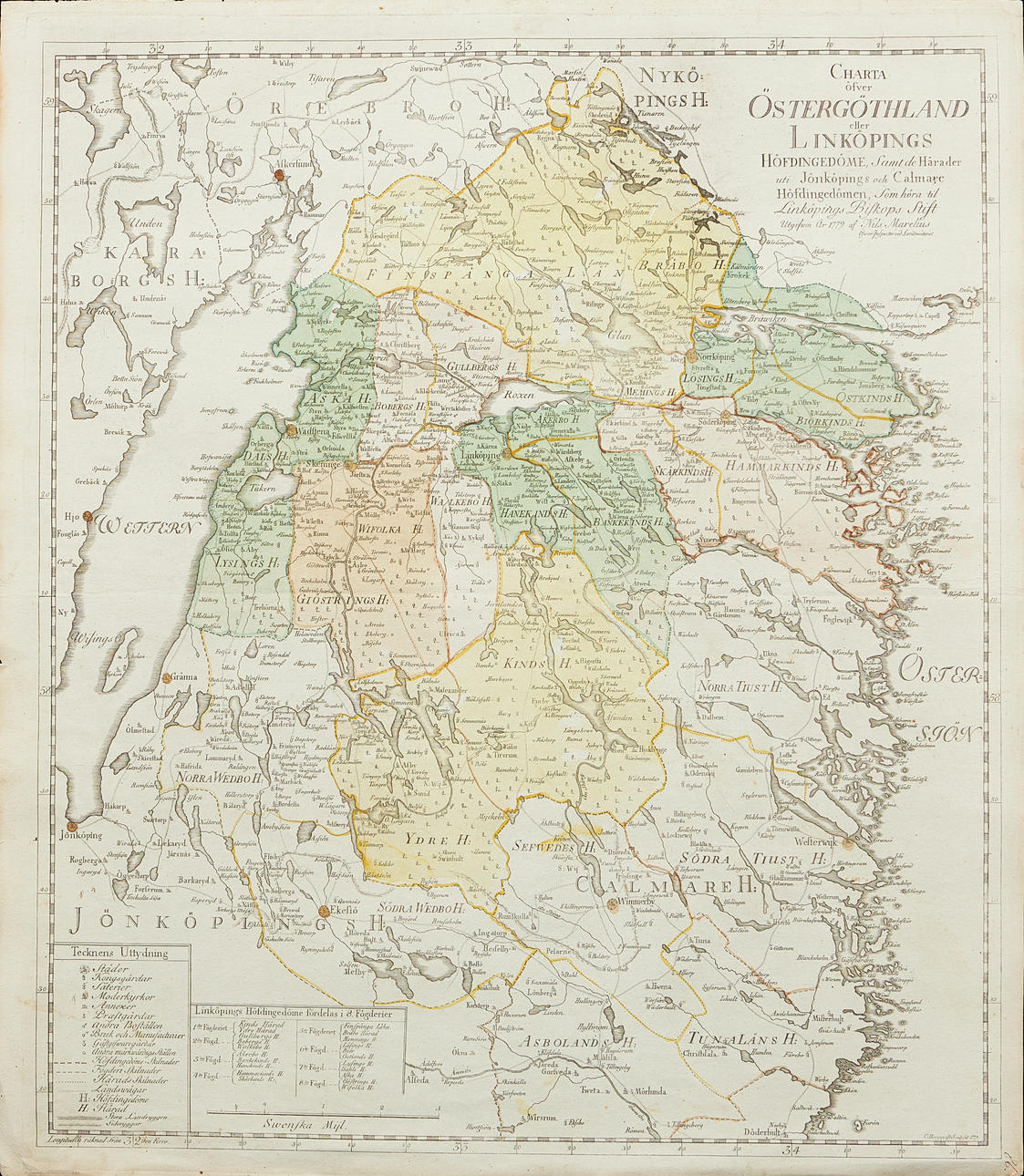 KARTA ÖVER ÖSTERGÖTLAND, MARELIUS, 1779.