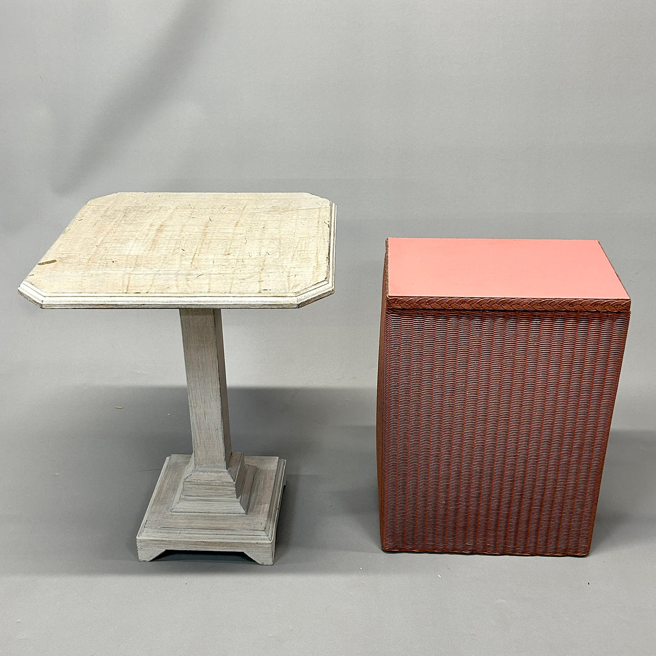 LLOYD LOOM LINEN BASKET AND A SIDE TABLE.