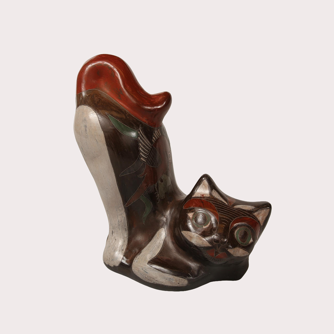 CAT SCULPTURE, ceramic, polychrome with sgraffito details. Mexico.