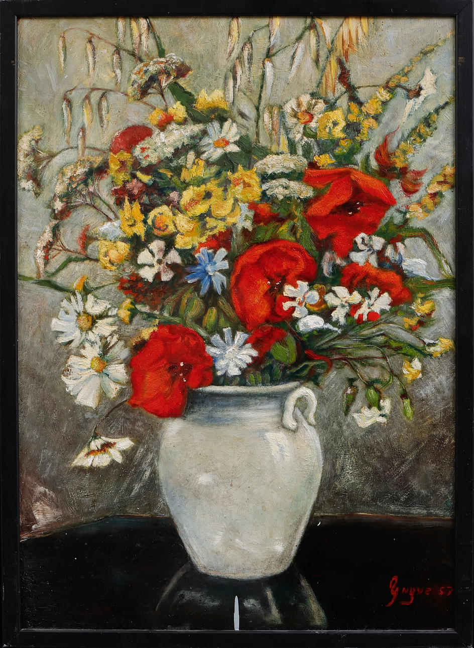 OIDENTIFIERAD KONSTNÄR. Blomsterstilleben, olja på pannå, signerad Yngve 57.