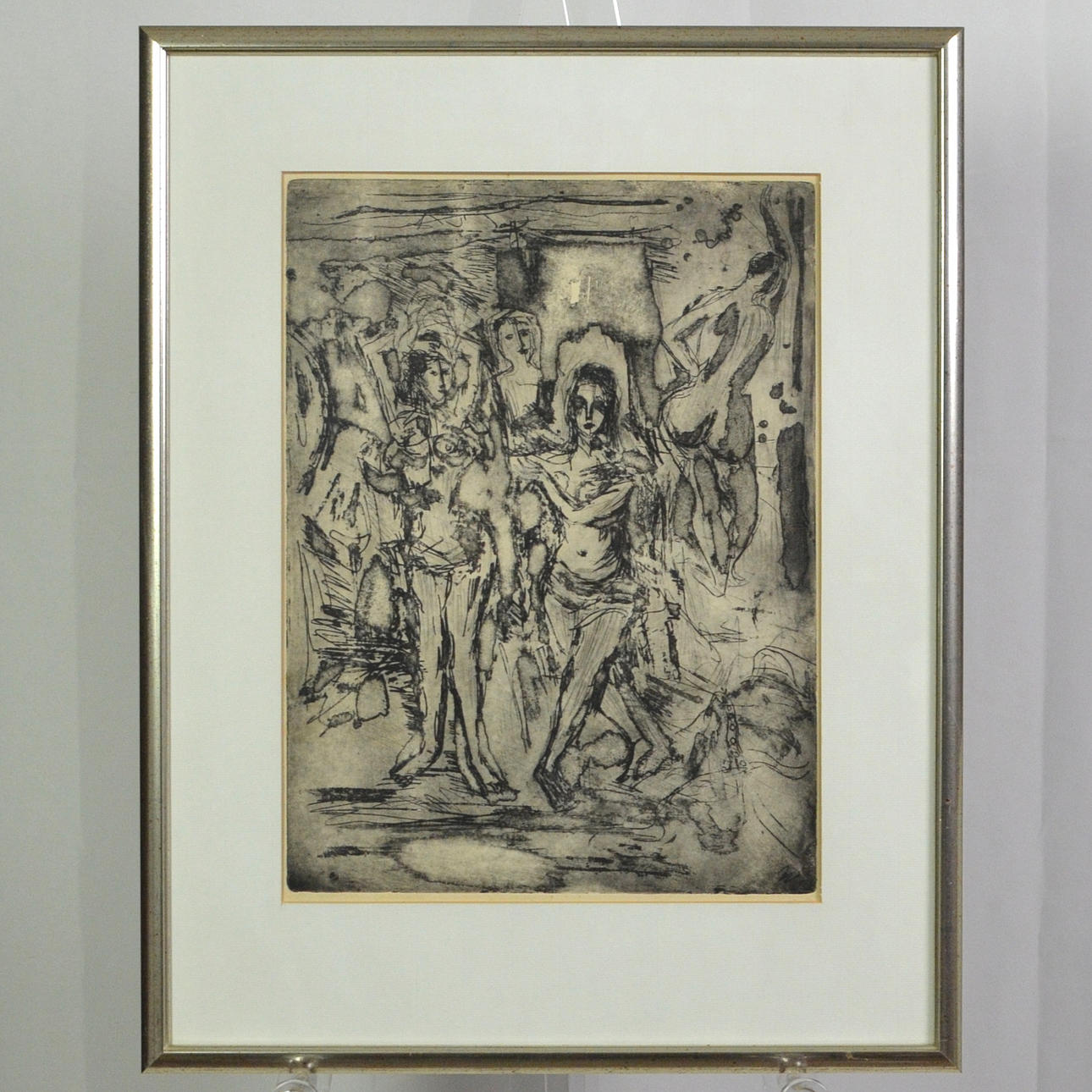 GROUP SCENE, ETCHING, MONOGRAMMED “W”, EARLY 20TH CENTURY.