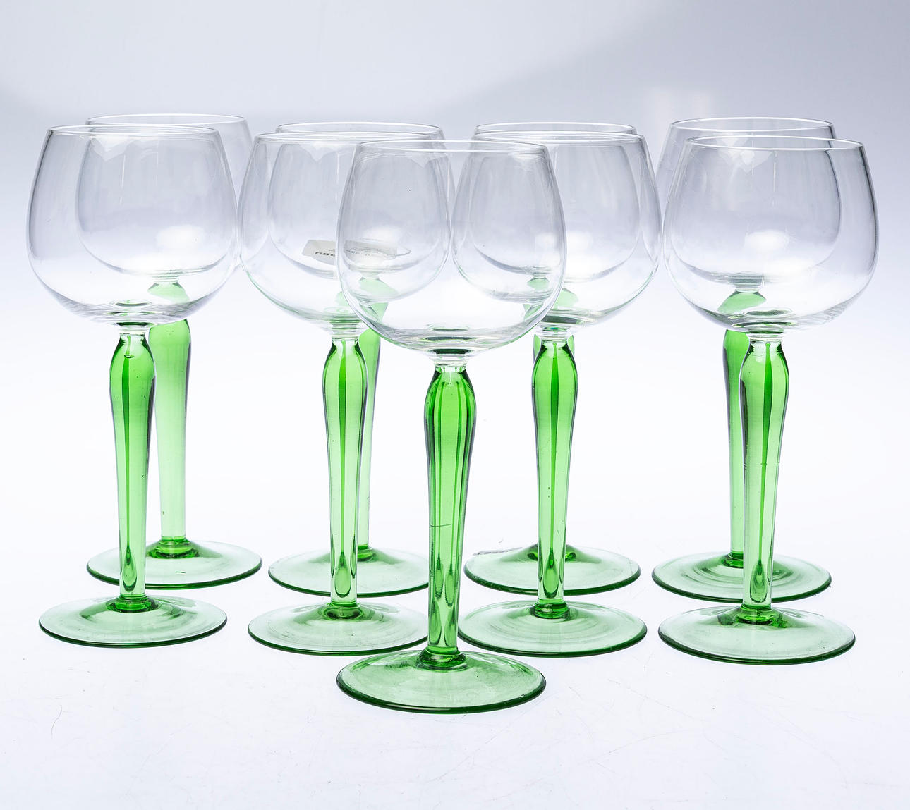 WINE GLASSES, 9pcs with green foot, probably Luminarc.