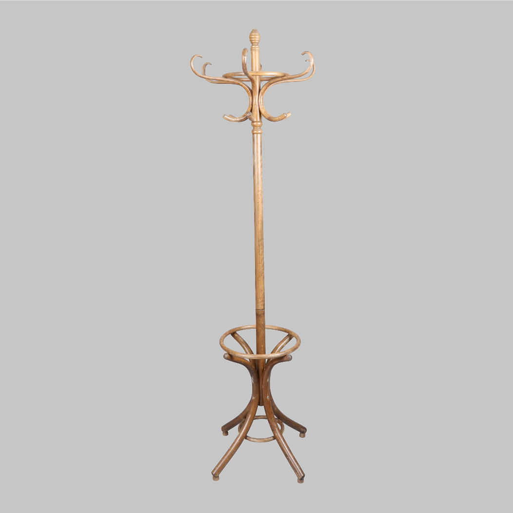 STAINED BEECH BENTWOOD COAT STAND.