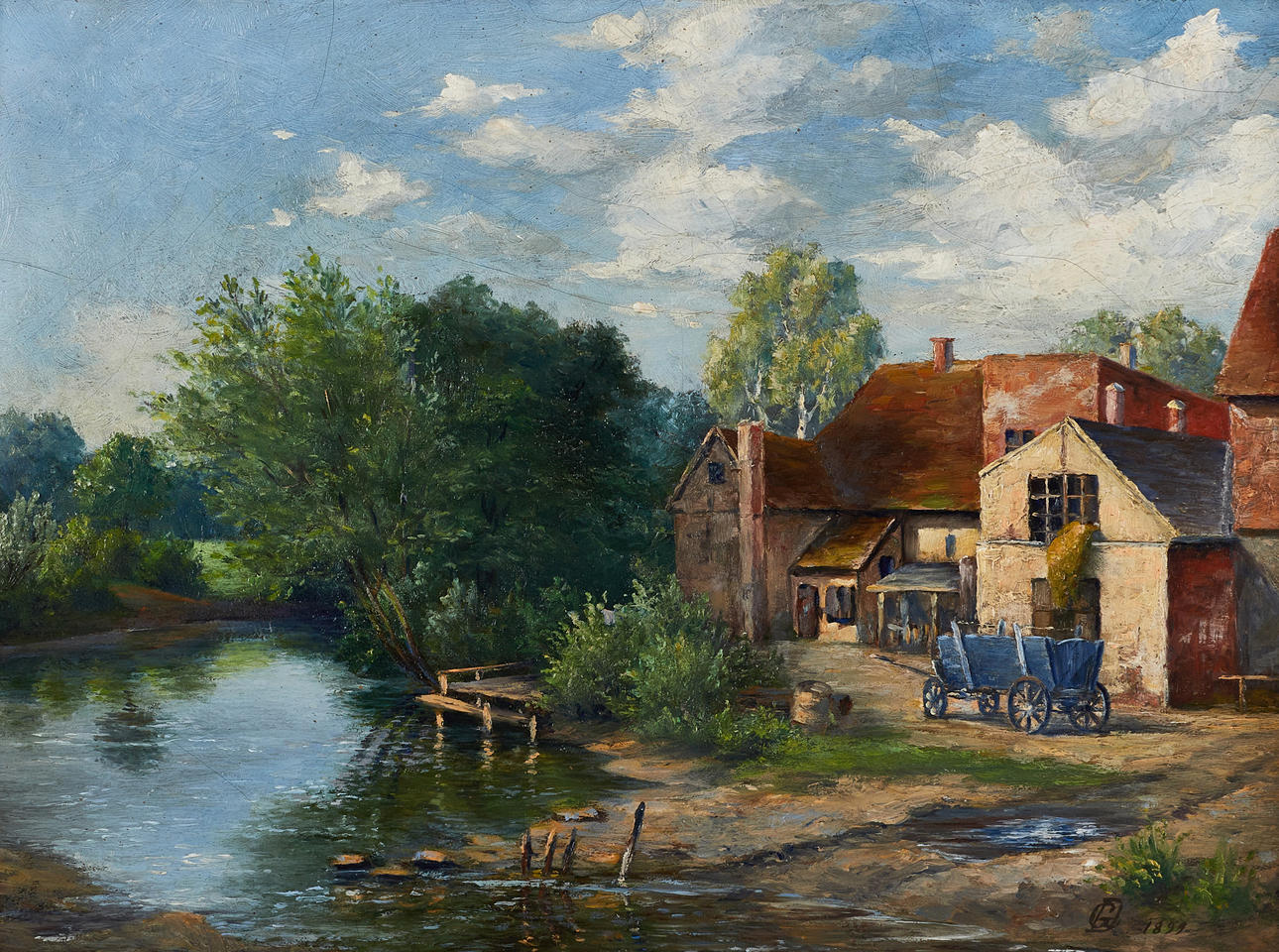 OIDENTIFIERAD KONSTNÄR. River landscape with farm, probably Germany, monogram signed and dated DG 1899, oil on panel.