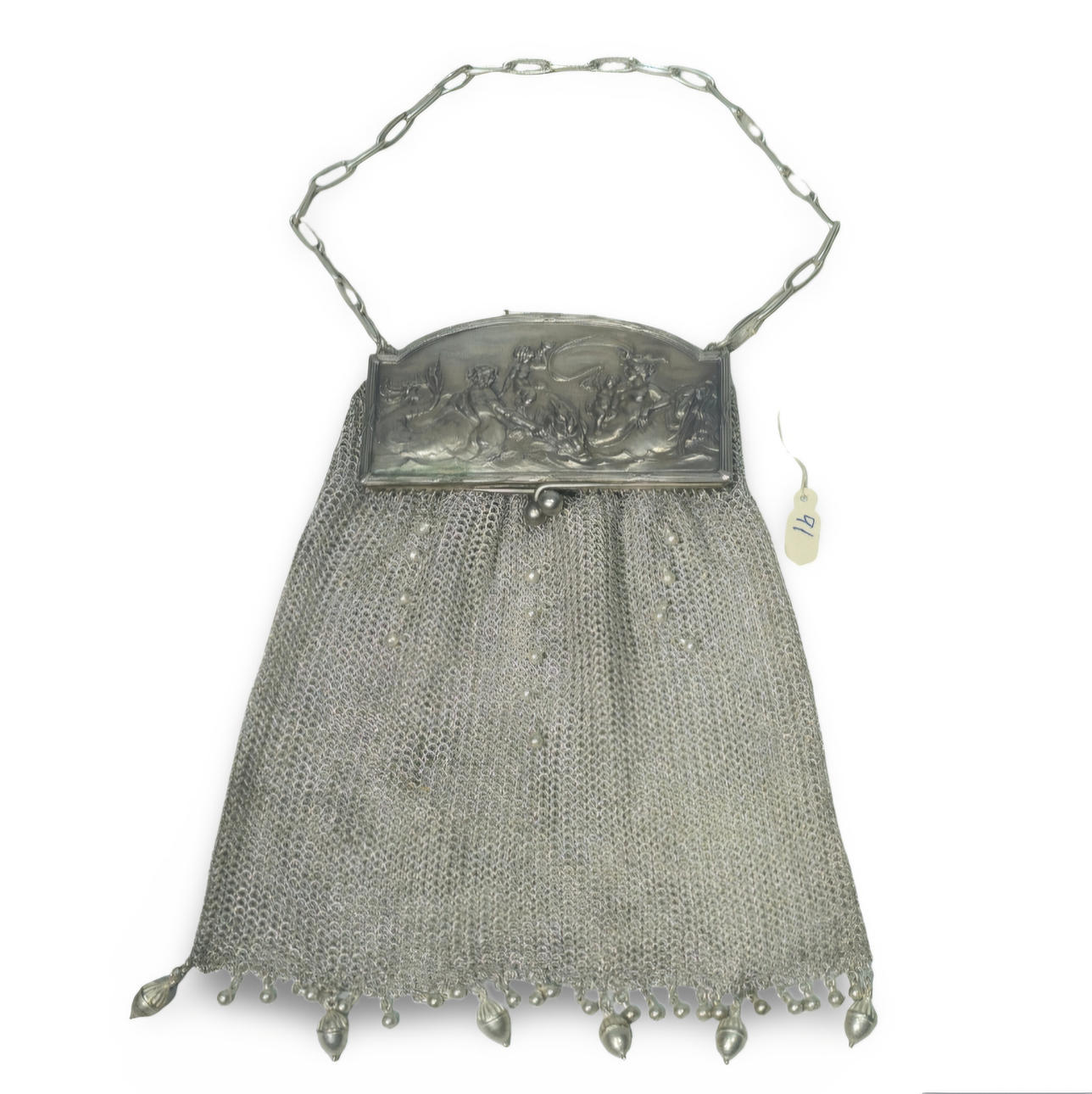 Antique silver mesh bag with mythological scene.