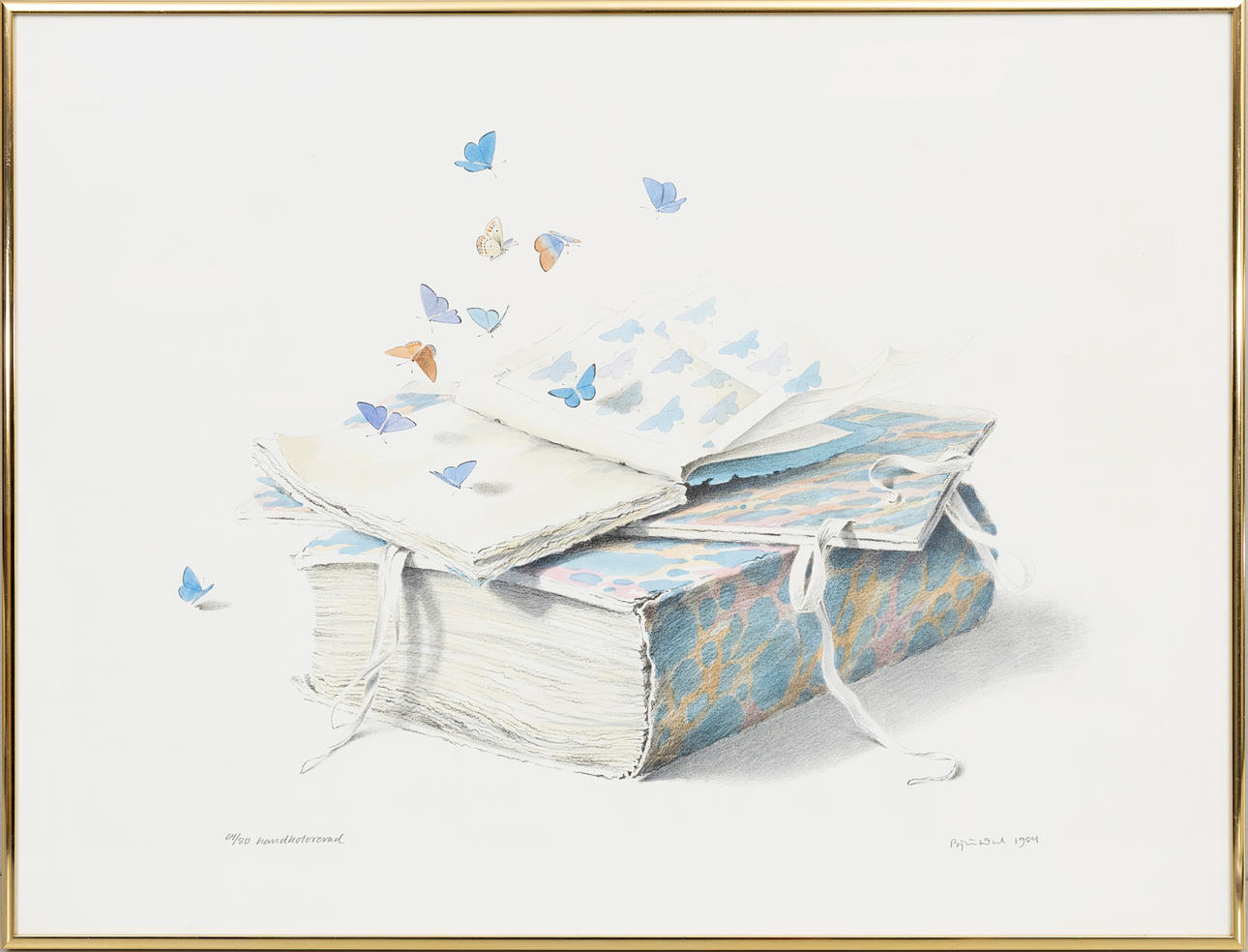 FRANK BJÖRKLUND. "Bibliofila frestelser", handkolorerad litografi, signerad, numrerad 64/80, daterad 1984.