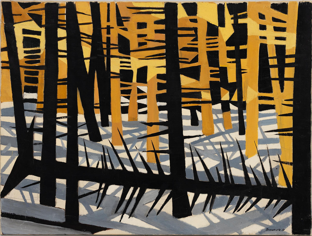 GUNNAR BRUSEWITZ. Abstract composition with trees, oil on canvas, signed, dated 58.
