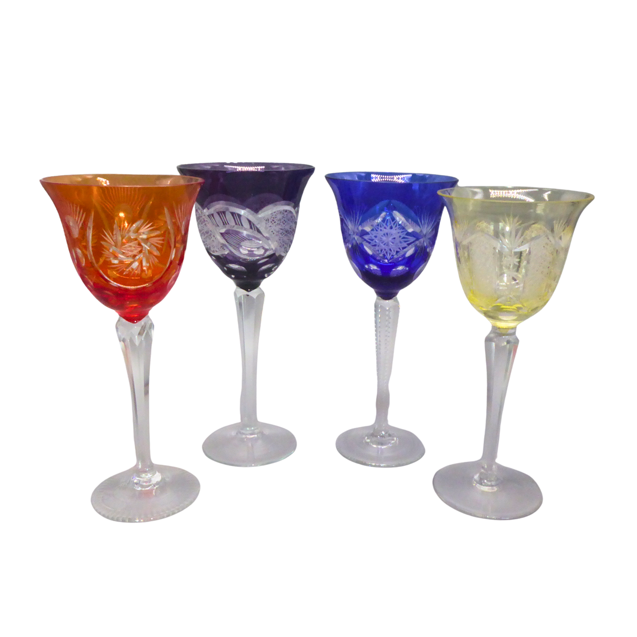 4 COLORFUL CRYSTAL GLASSES WITH CUT.