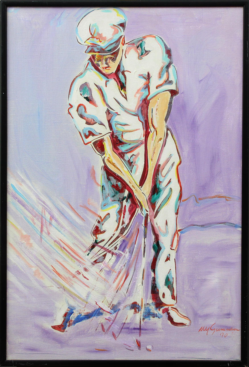OIDENTIFIERAD KONSTNÄR. OIL, on canvas, golfer, signed.