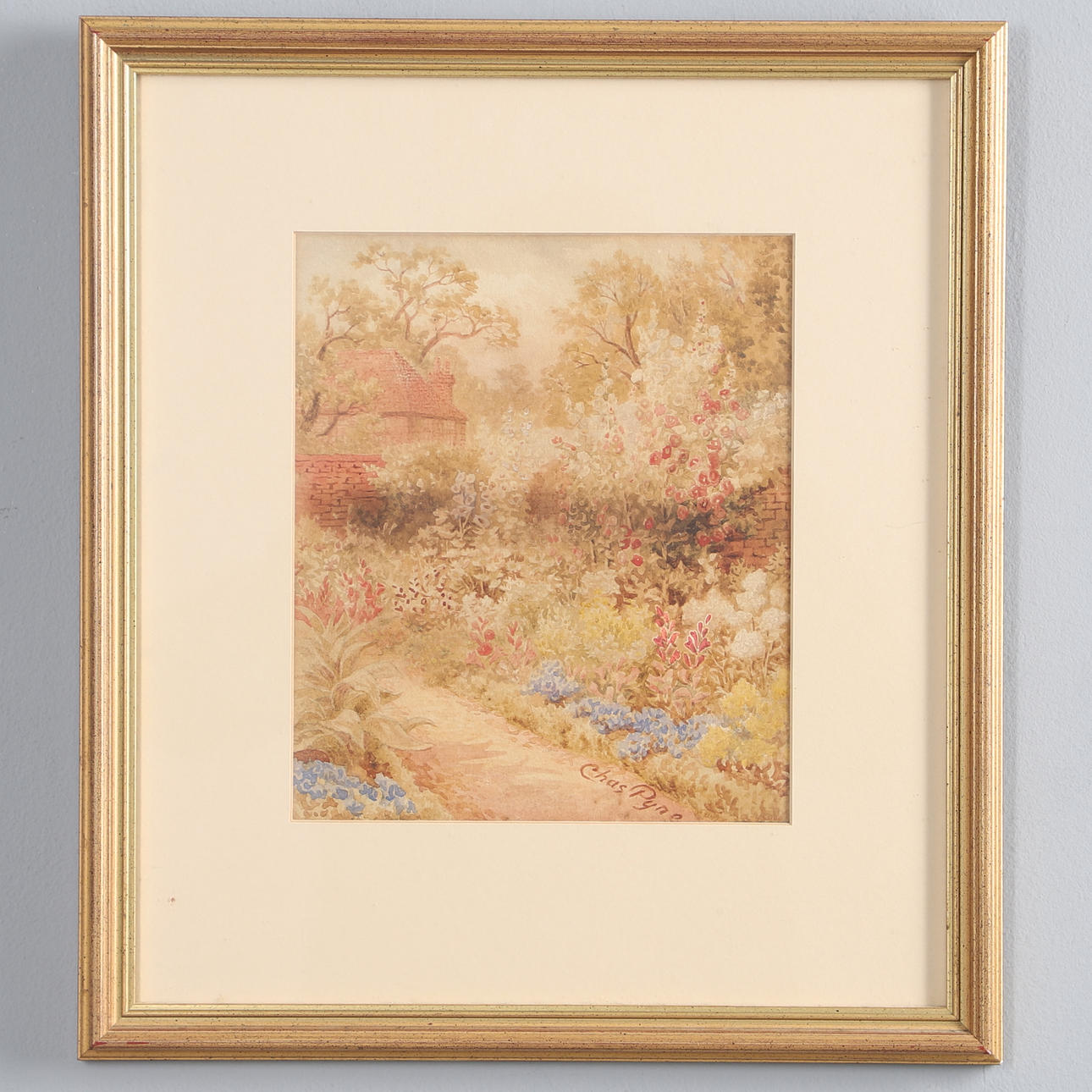 CHARLES PYNE. WALLED GARDEN WITH COTTAGE BEYOND.