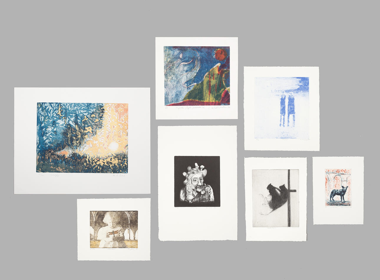 PARTI ETSNINGAR 7 st, div motiv, signerade bl a Lars Hoffsten, Jan Kindå, etc.