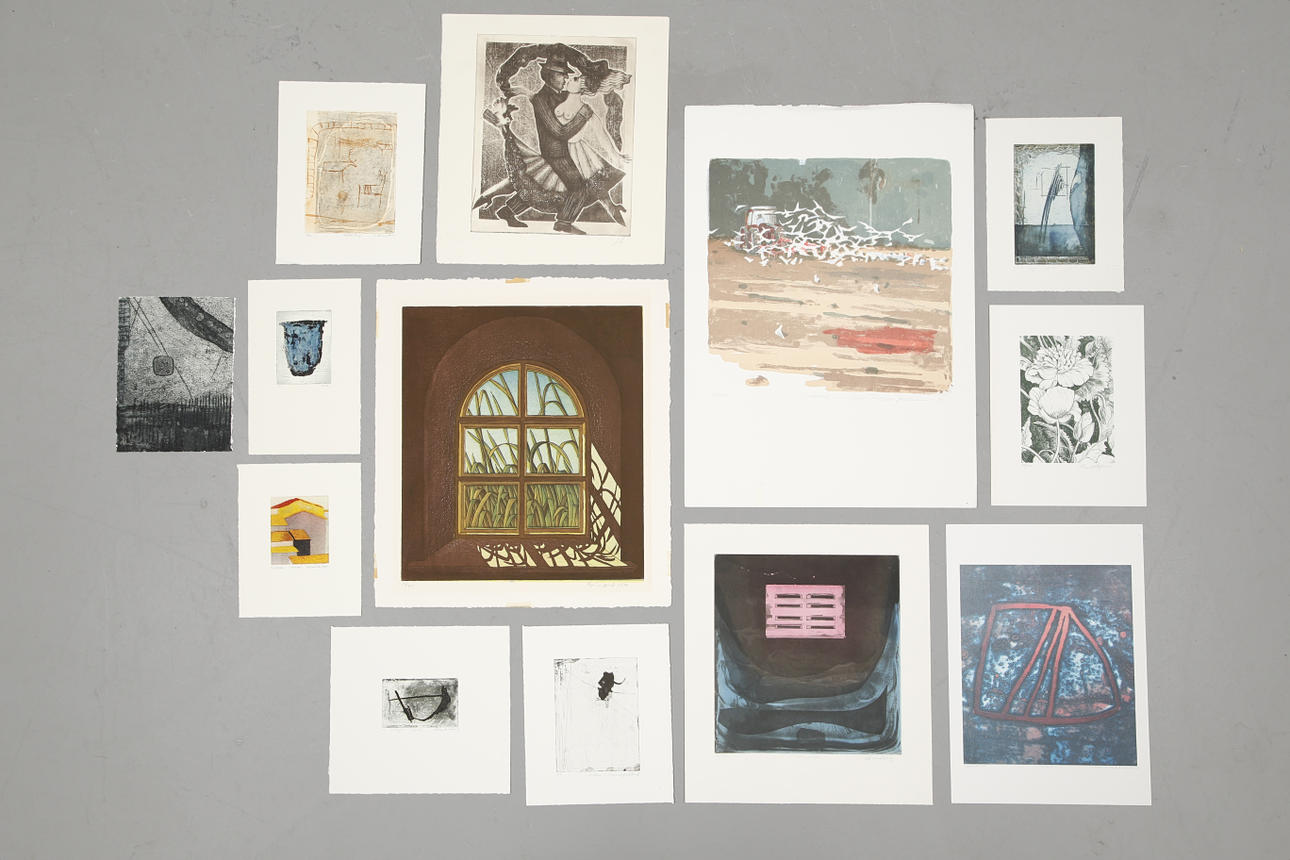 PARTI ETSNINGAR 13 st, div motiv, signerade bl a Anne de Geer, Anna Rydahl etc.