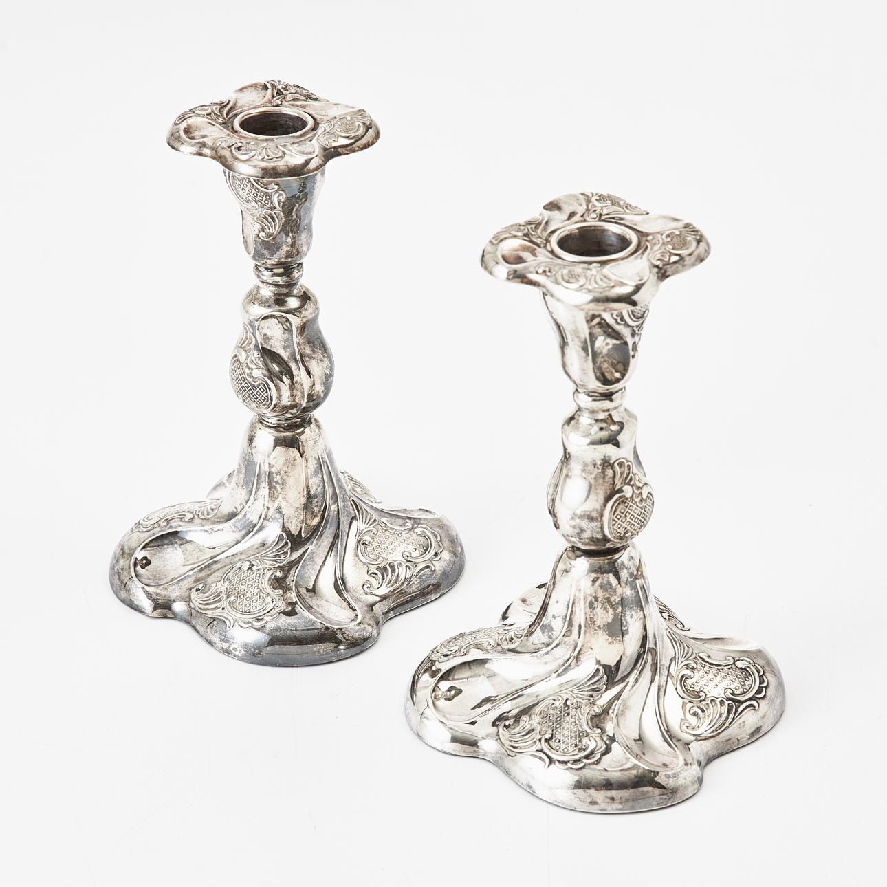 Candlesticks, 1 pair, 20th century, Rococo style, Swedish import stamps.