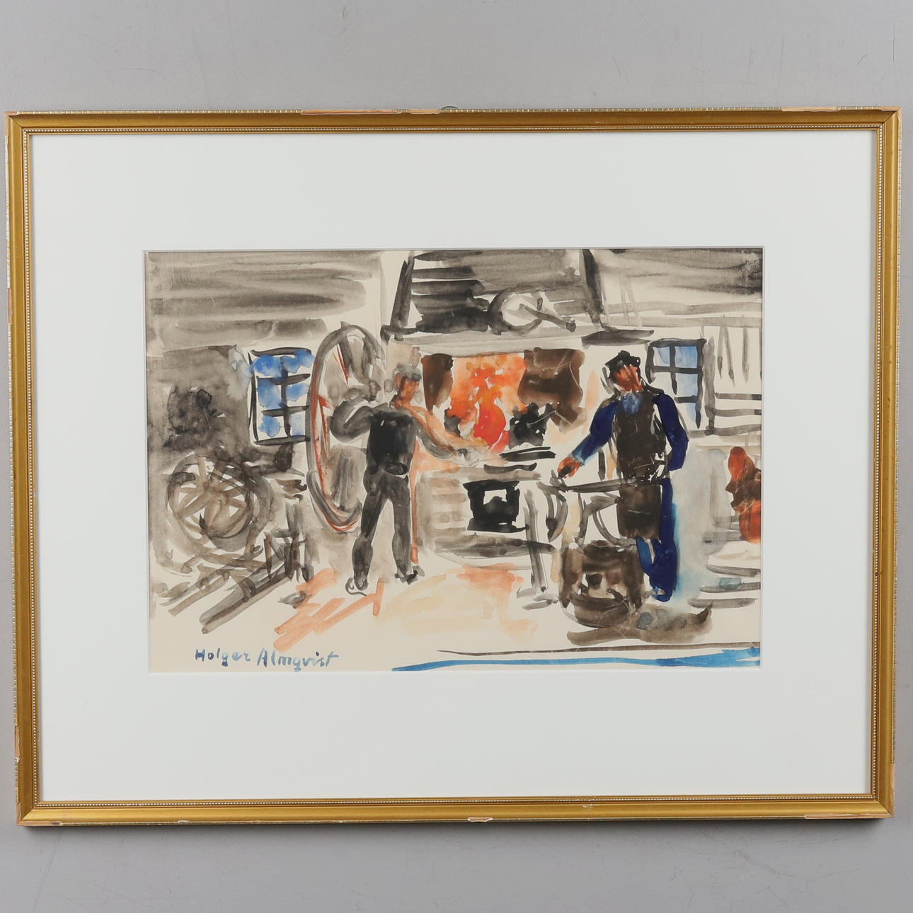 HOLGER ALMQVIST. Watercolour, “Forge”, signed.