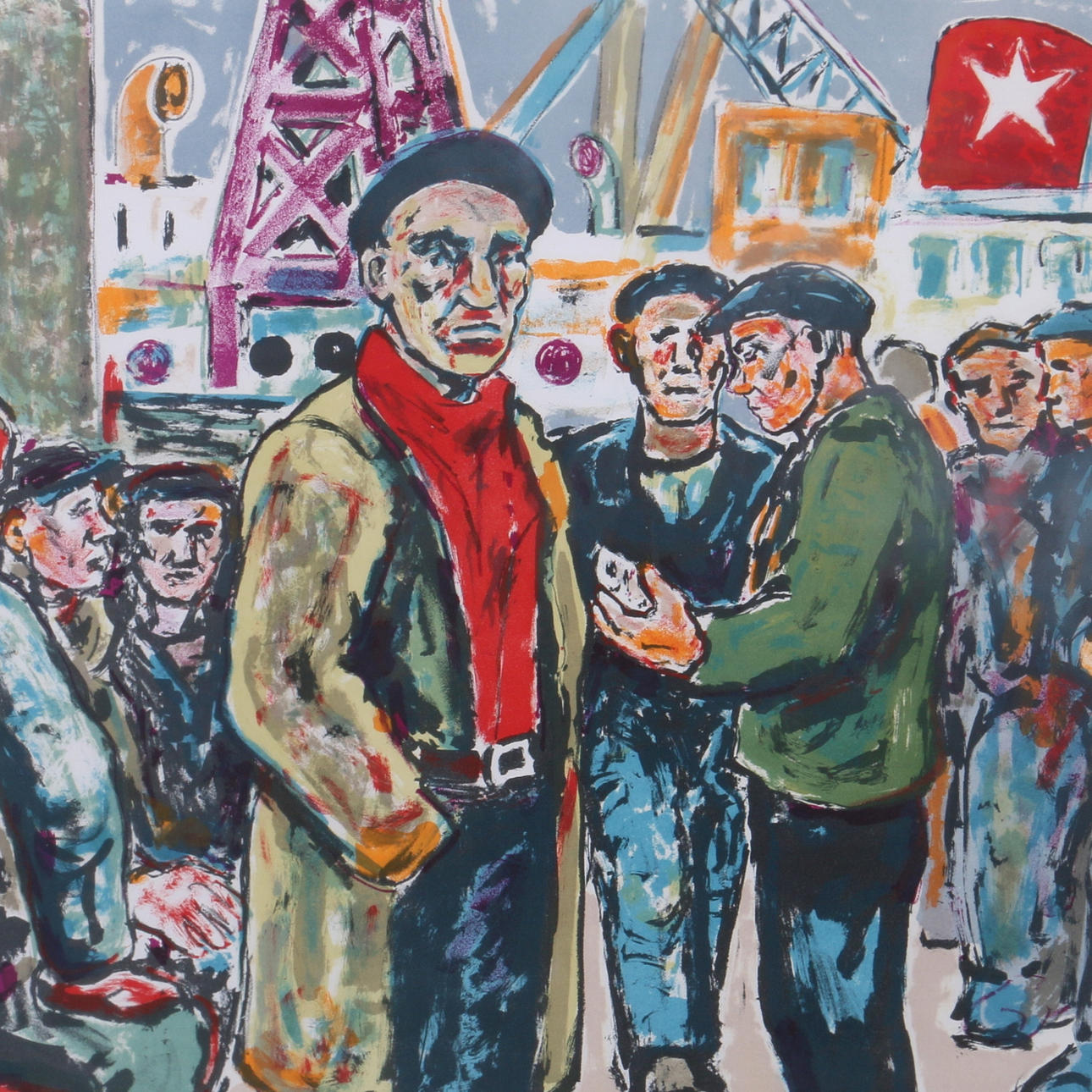 ALBIN AMELIN. "Upprop i hamnen", färglitografi, signerad och numrerad 185/310.