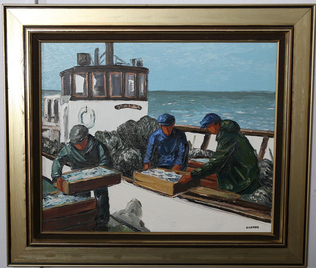 BORIS NINEMAE. Olja på duk, "Fångsten landas", signerad Ninemae.