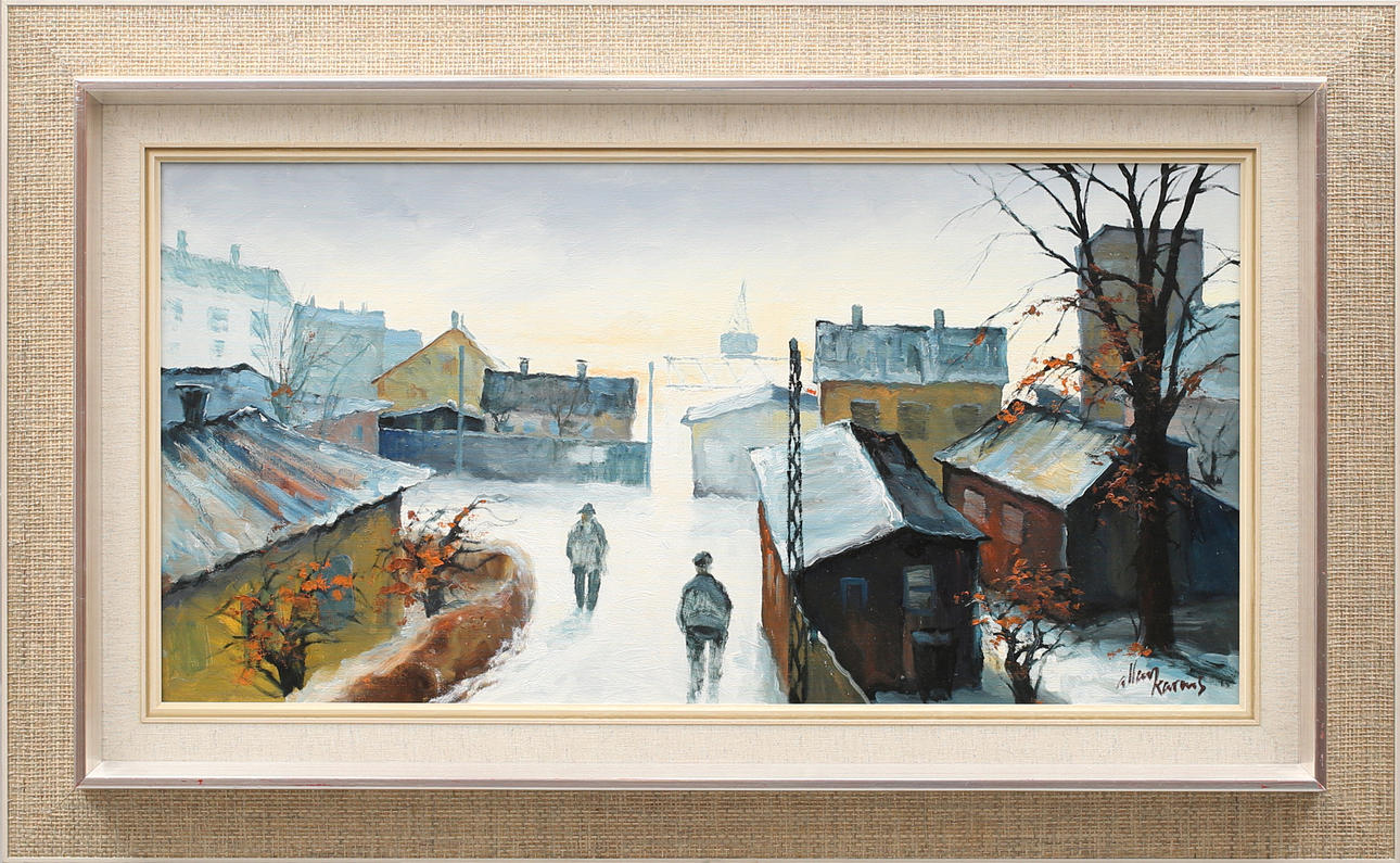 ALLAN KARMS. Fabriksarbetare på väg från och till jobbet, olja på duk, signerad.